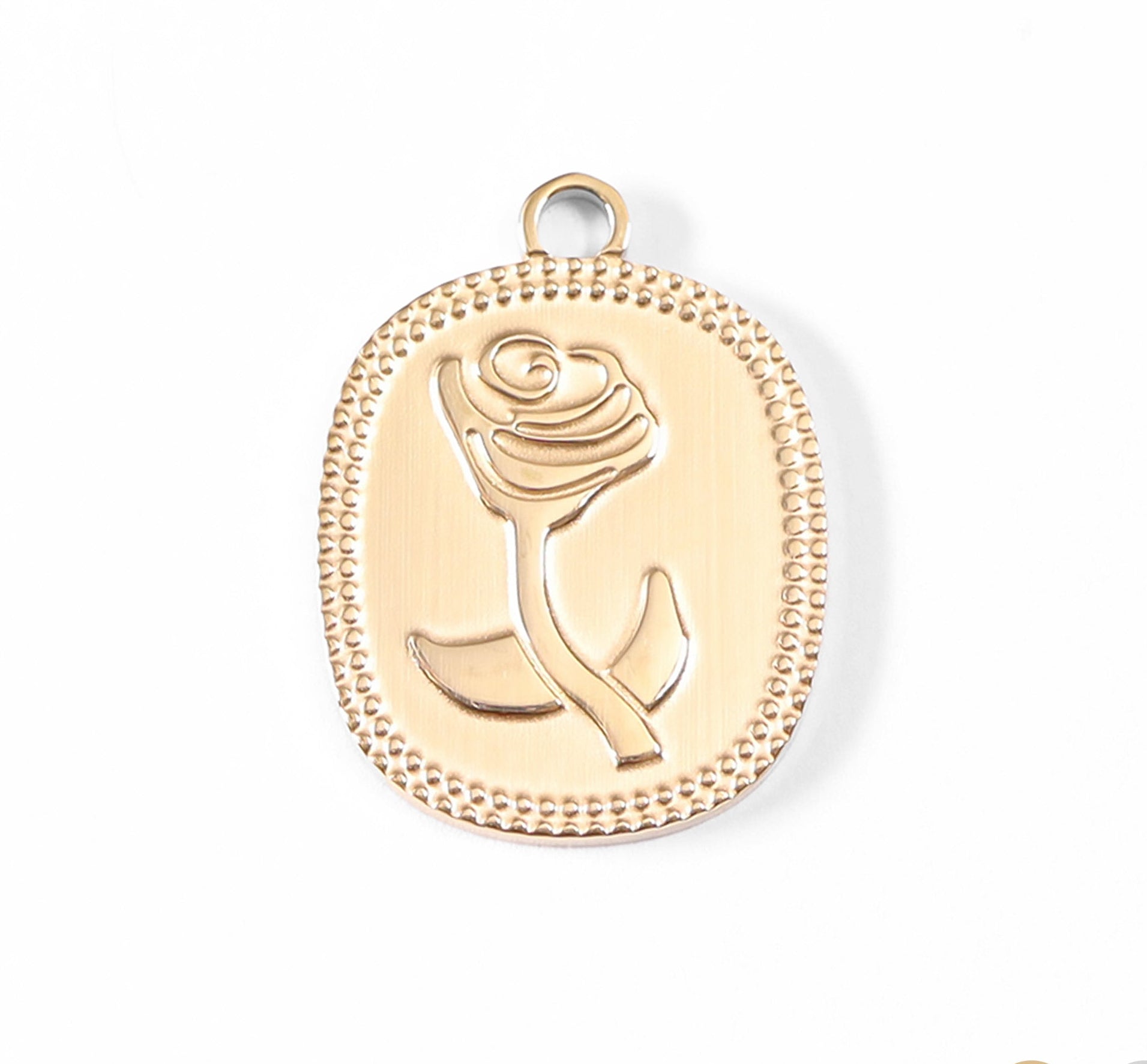 18K Gold Rose Charm – Waterproof Stainless Steel Rectangle Pendant, Hypoallergenic Jewelry
