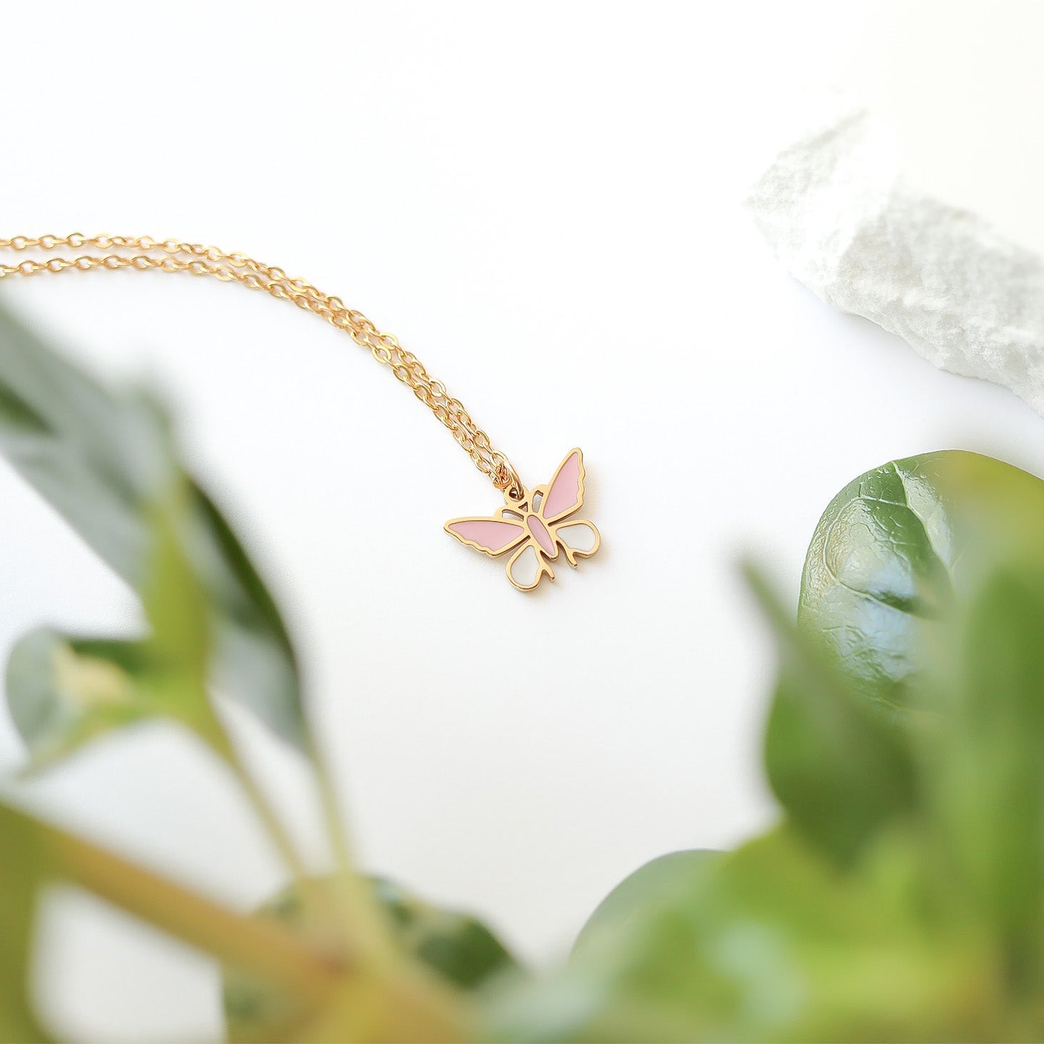 Butterfly Charm 18K Gold PVD Coated Stainless Steel Pink White Epoxy Pendant