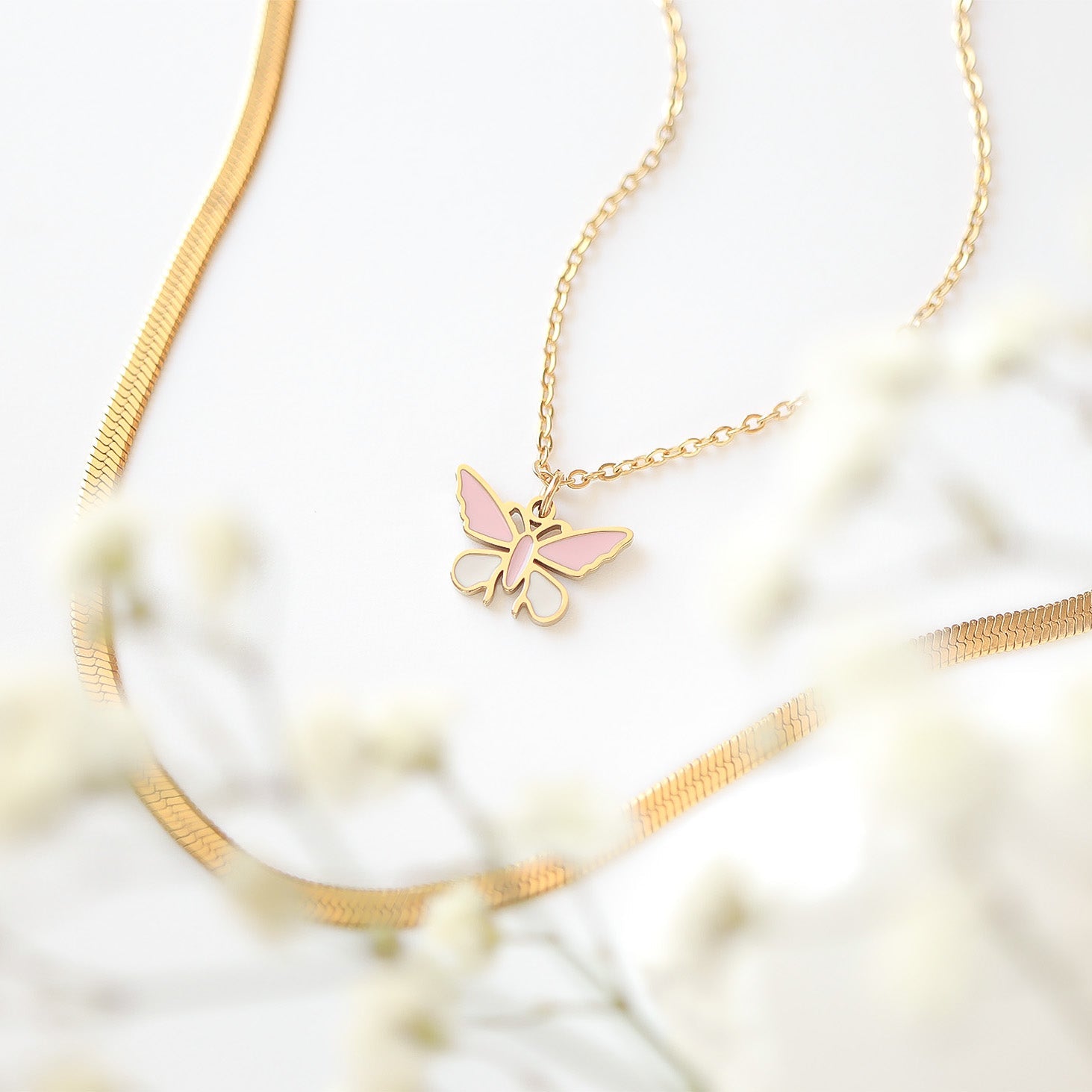 Butterfly Charm 18K Gold PVD Coated Stainless Steel Pink White Epoxy Pendant