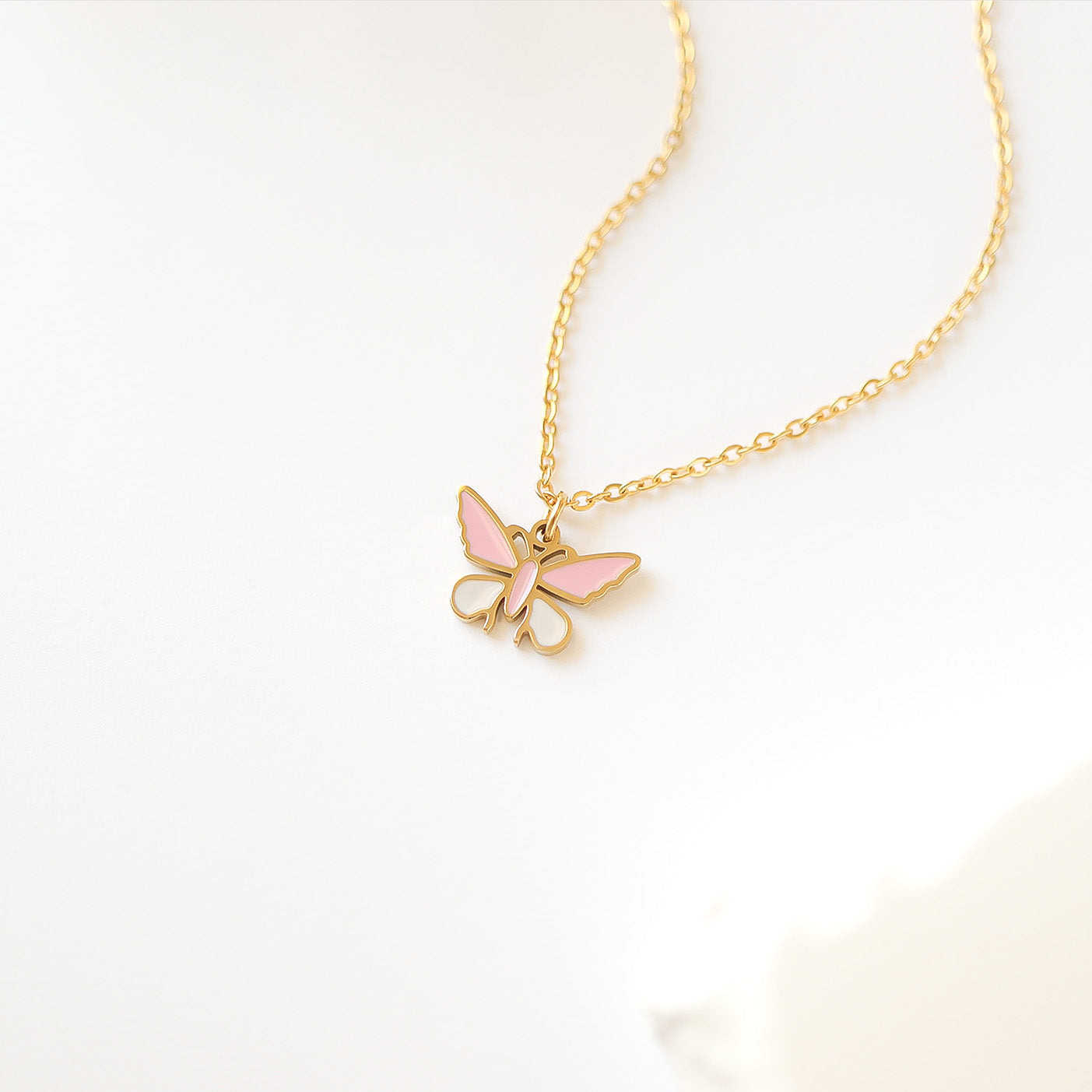 Butterfly Charm 18K Gold PVD Coated Stainless Steel Pink White Epoxy Pendant