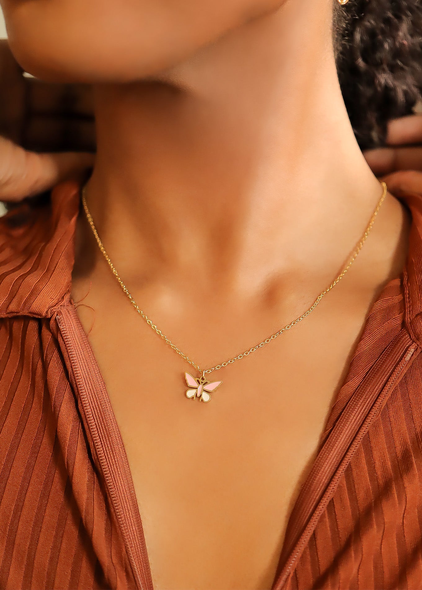 Butterfly Charm 18K Gold PVD Coated Stainless Steel Pink White Epoxy Pendant