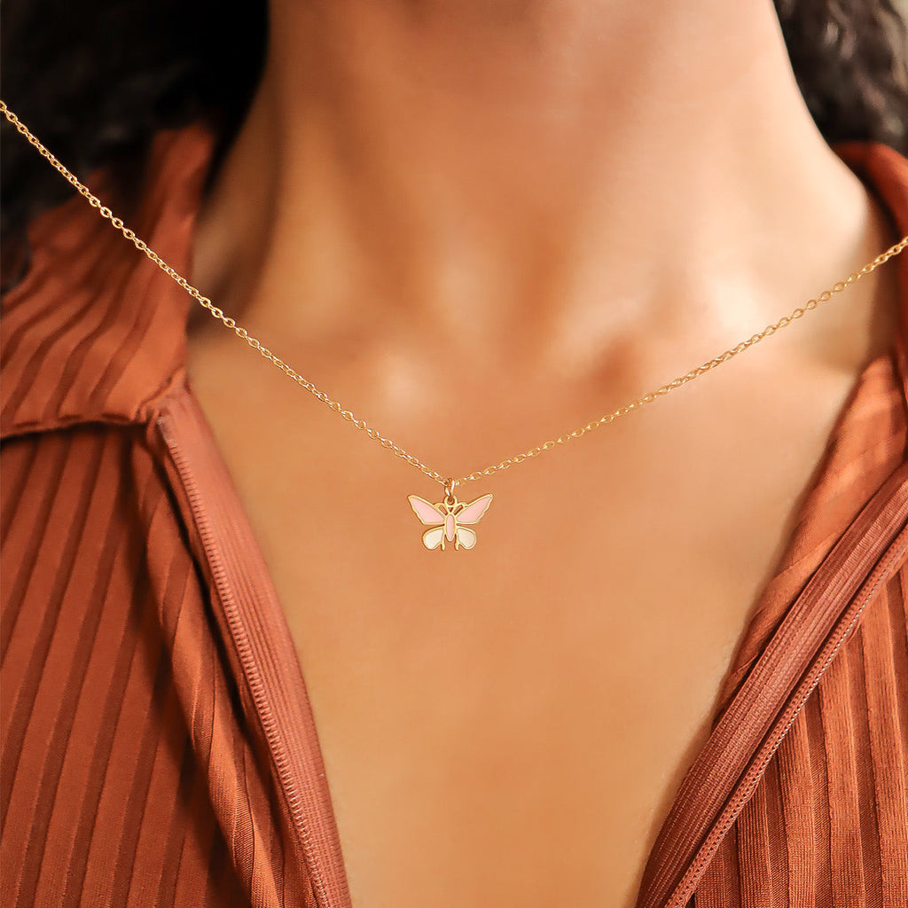 Butterfly Charm 18K Gold PVD Coated Stainless Steel Pink White Epoxy Pendant