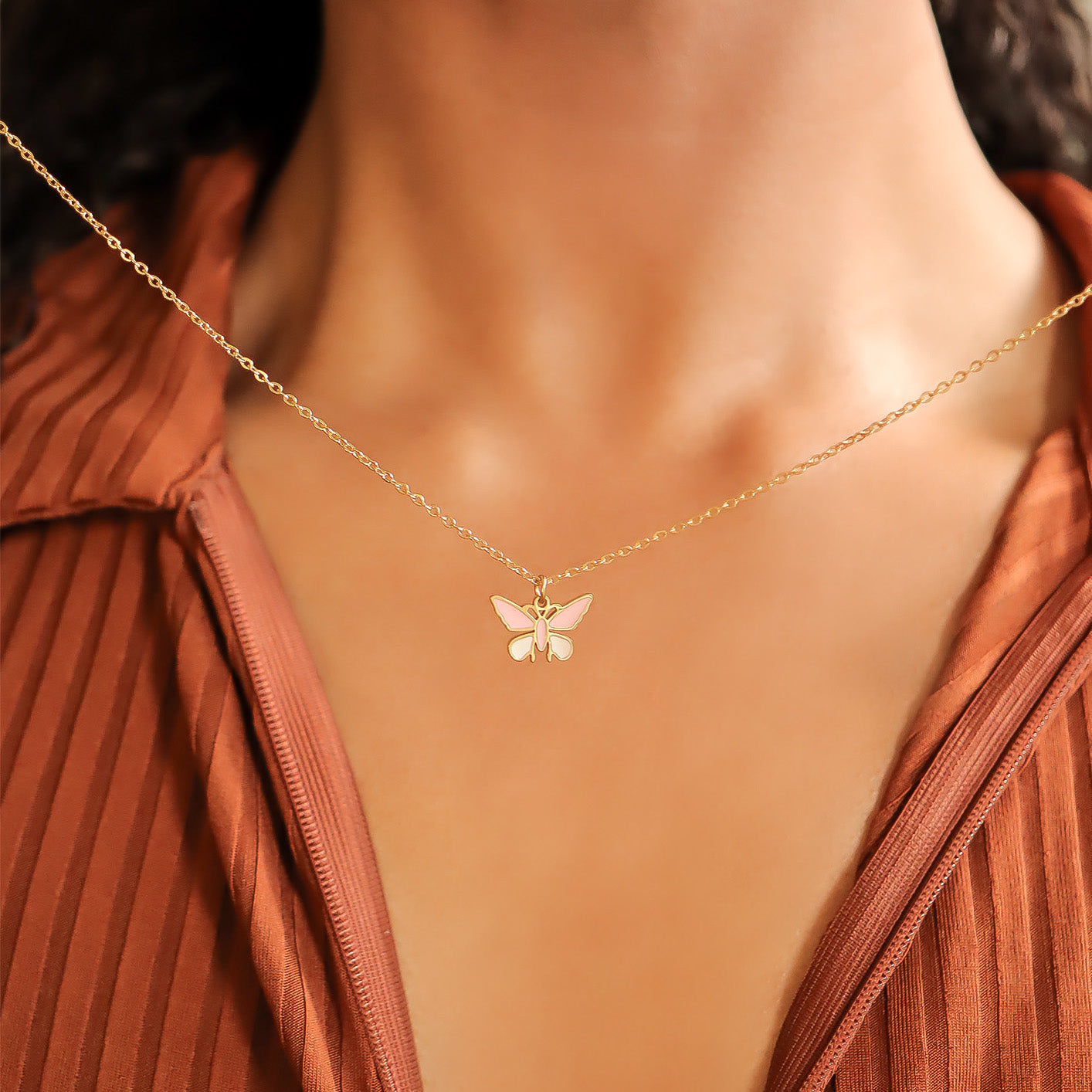 Butterfly Charm 18K Gold PVD Coated Stainless Steel Pink White Epoxy Pendant