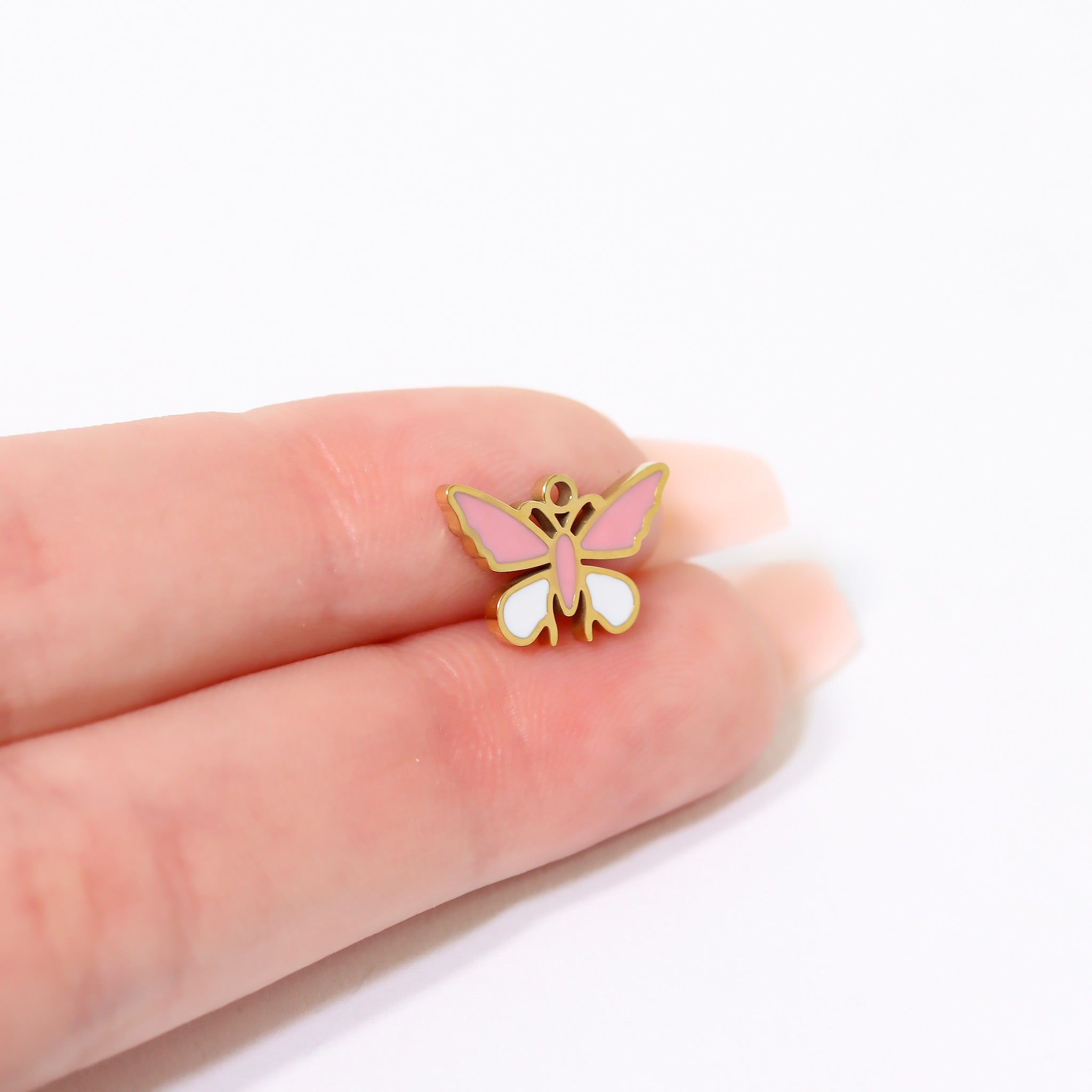 Butterfly Charm 18K Gold PVD Coated Stainless Steel Pink White Epoxy Pendant