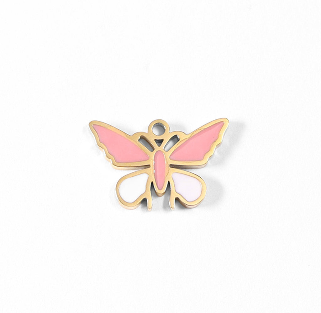 Butterfly Charm 18K Gold PVD Coated Stainless Steel Pink White Epoxy Pendant