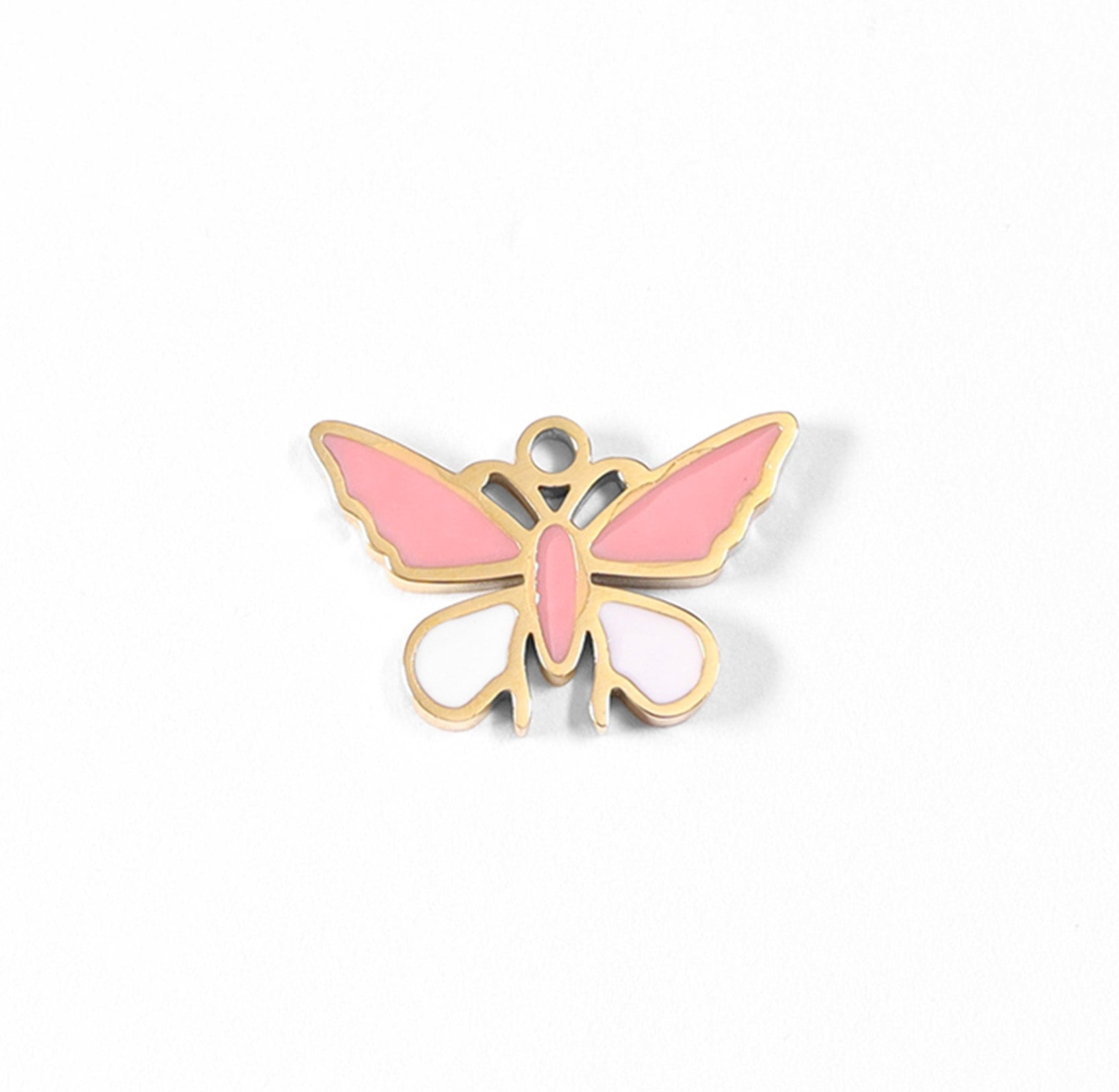 Butterfly Charm 18K Gold PVD Coated Stainless Steel Pink White Epoxy Pendant