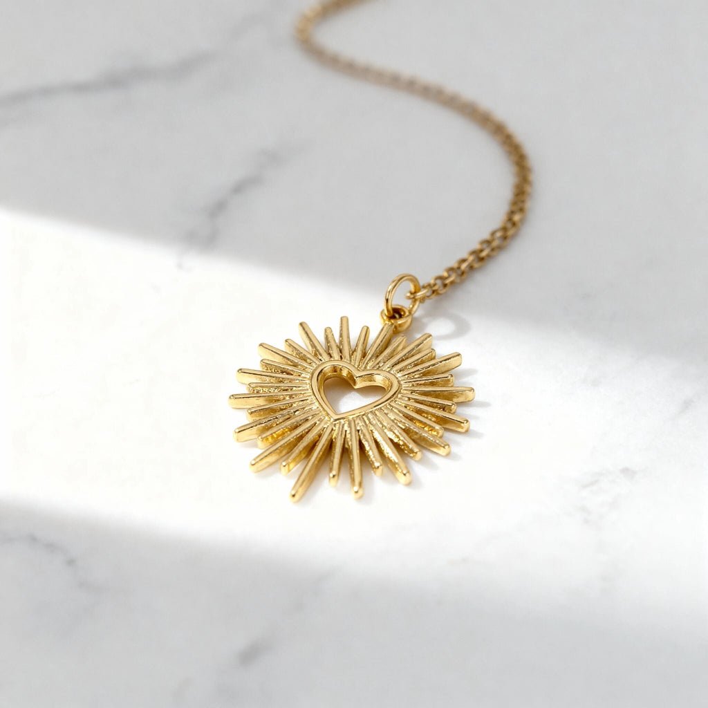 Gold Heart Charm – Textured Sunburst Pendant | 18K Gold Chain Accessory