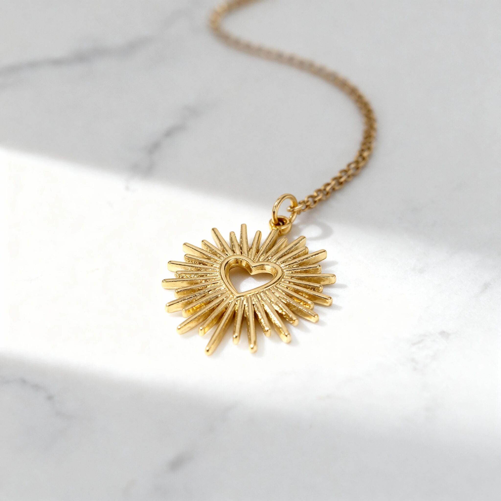 Gold Heart Charm – Textured Sunburst Pendant | 18K Gold Chain Accessory