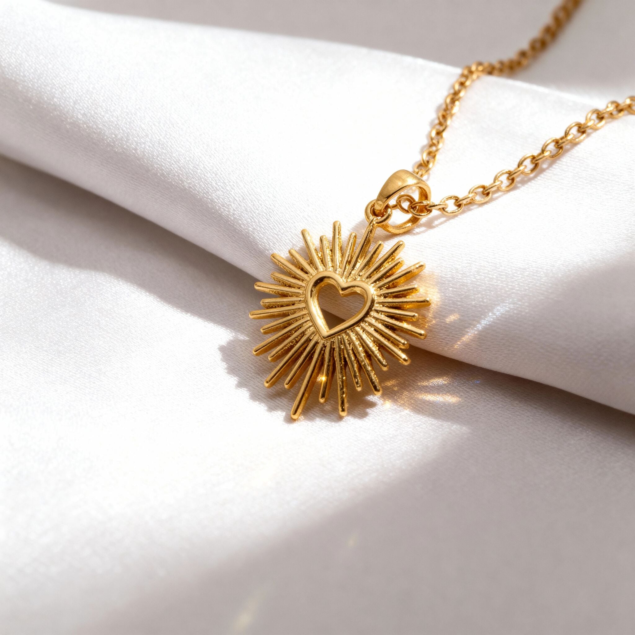 Gold Heart Charm – Textured Sunburst Pendant | 18K Gold Chain Accessory