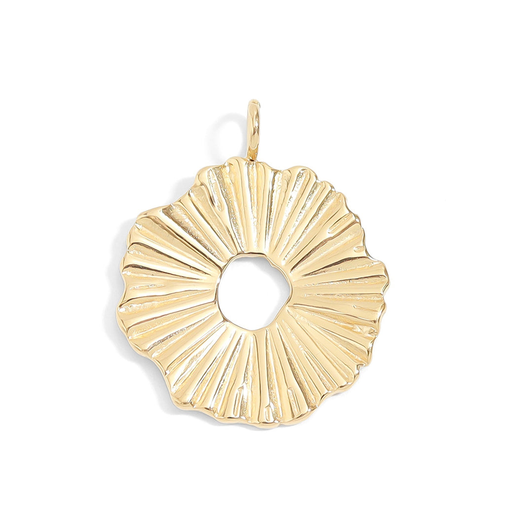 18K Gold Sunburst Charm – Textured Stainless Steel Circle Pendant, Waterproof Accent