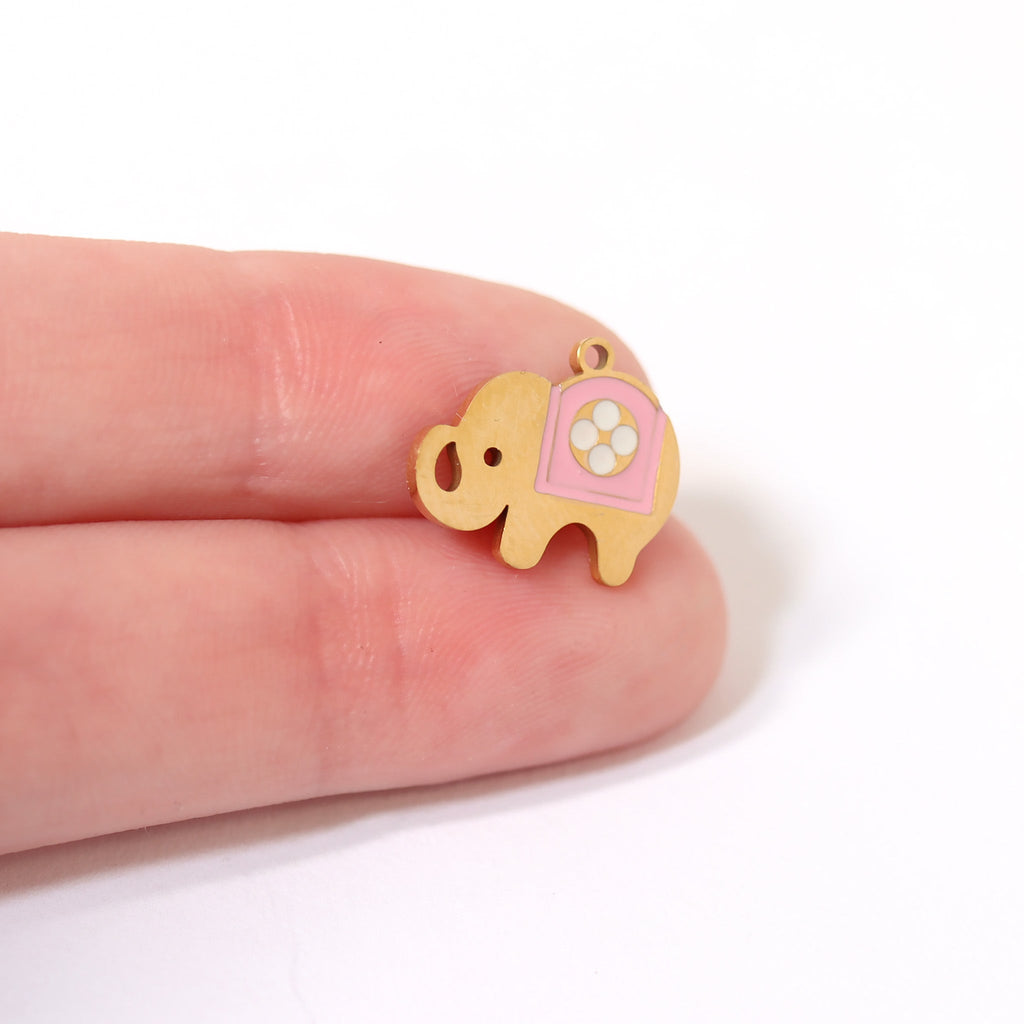 Elephant Charm 18K Gold Stainless Steel Pendant – Pink Epoxy Whimsical Jewelry