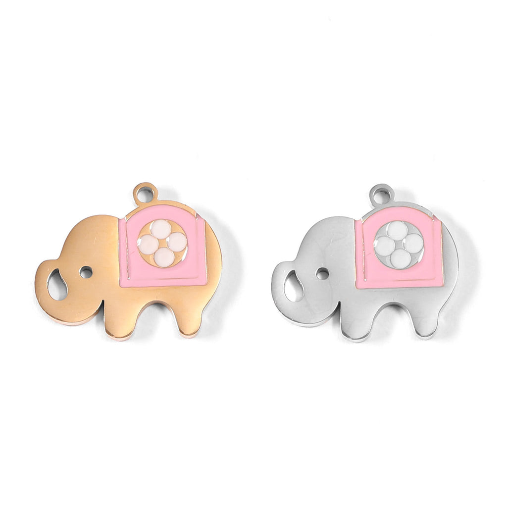 Elephant Charm 18K Gold Stainless Steel Pendant – Pink Epoxy Whimsical Jewelry