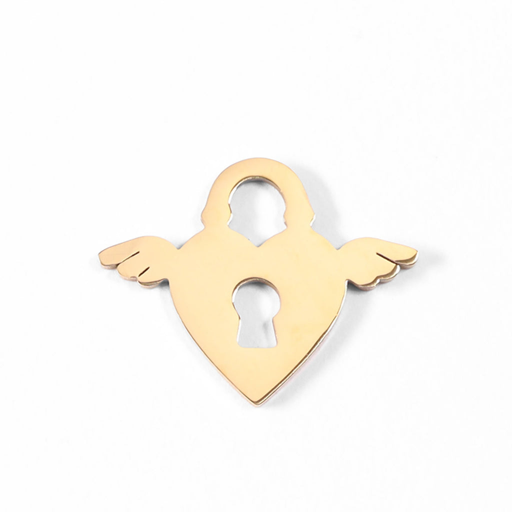 Winged Heart Lock Charm – 18K Gold Plated Stainless Steel Hypoallergenic Jewelry