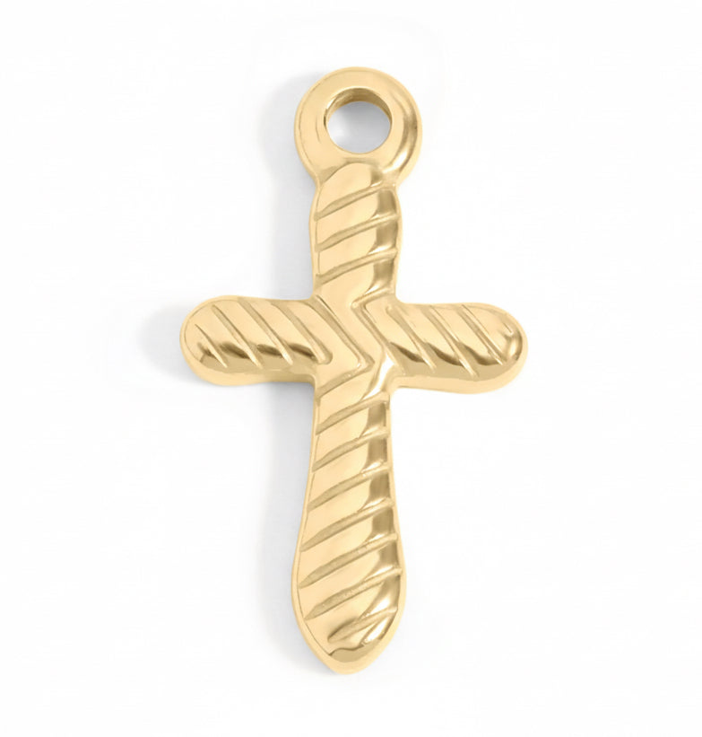 18K Gold Cross Charm – Textured Stainless Steel Pendant for Chain Bracelets