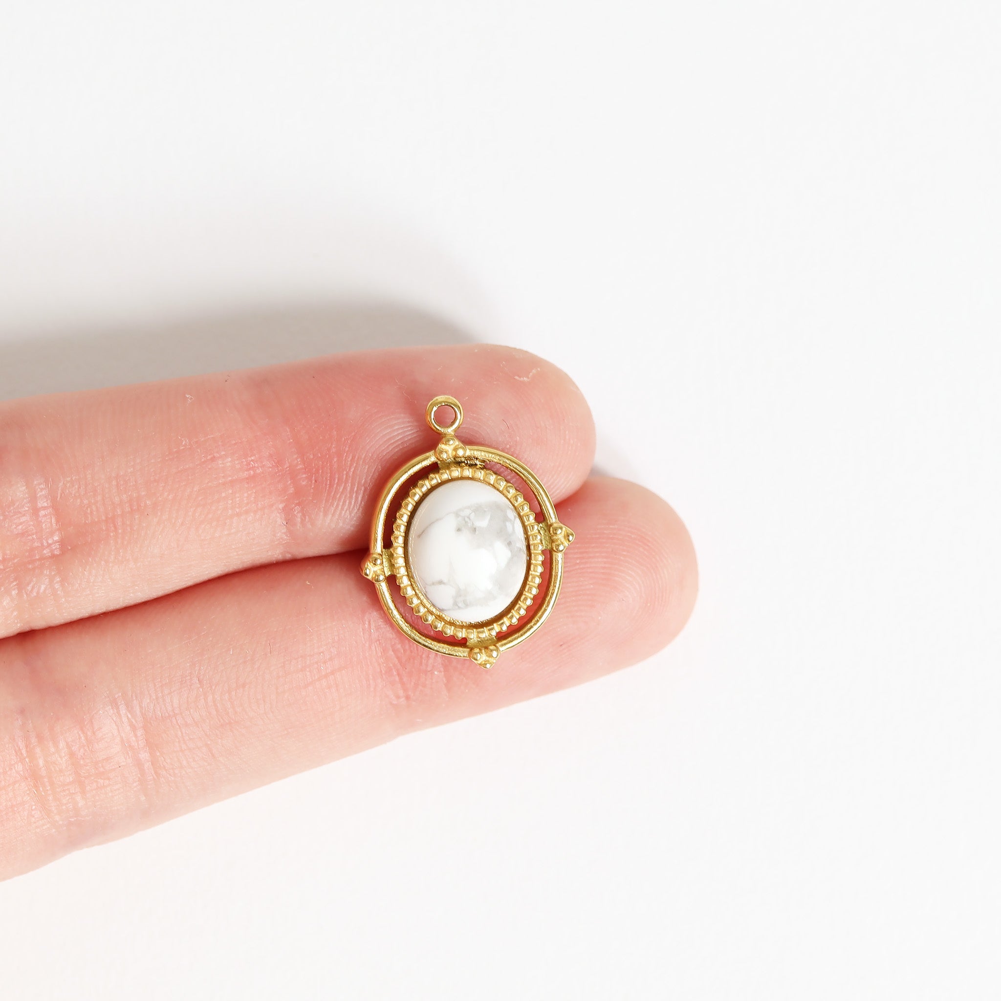 Semi Precious Stone Charm - Stainless Steel Oval Rope Frame Pendant 18K Gold PVD