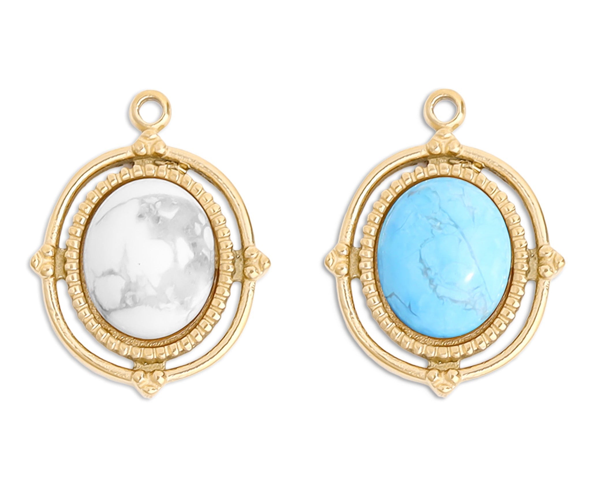 Semi Precious Stone Charm - Stainless Steel Oval Rope Frame Pendant 18K Gold PVD