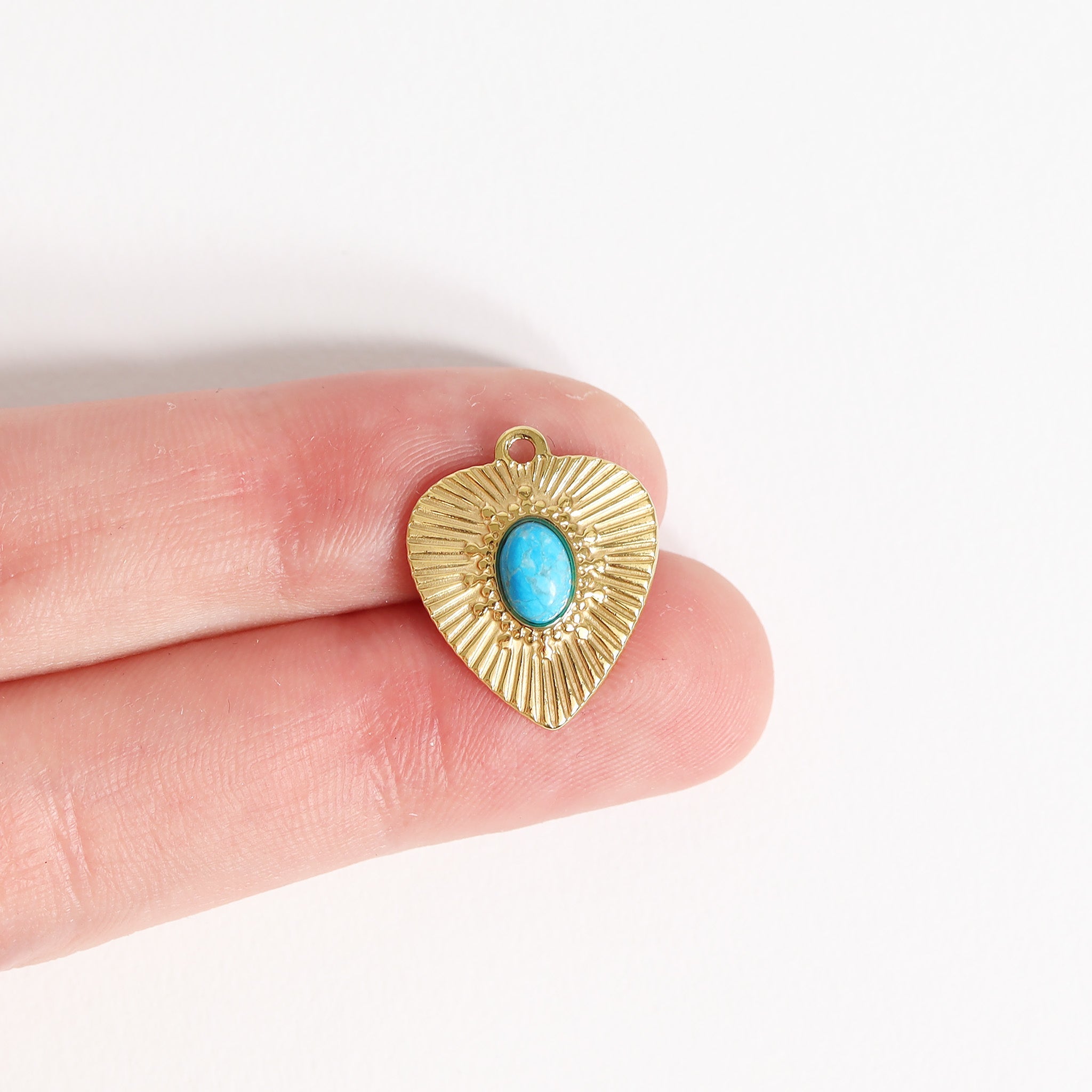 Sunburst Heart Charm – 18K Gold Stainless Steel Semi Precious Stone Pendant