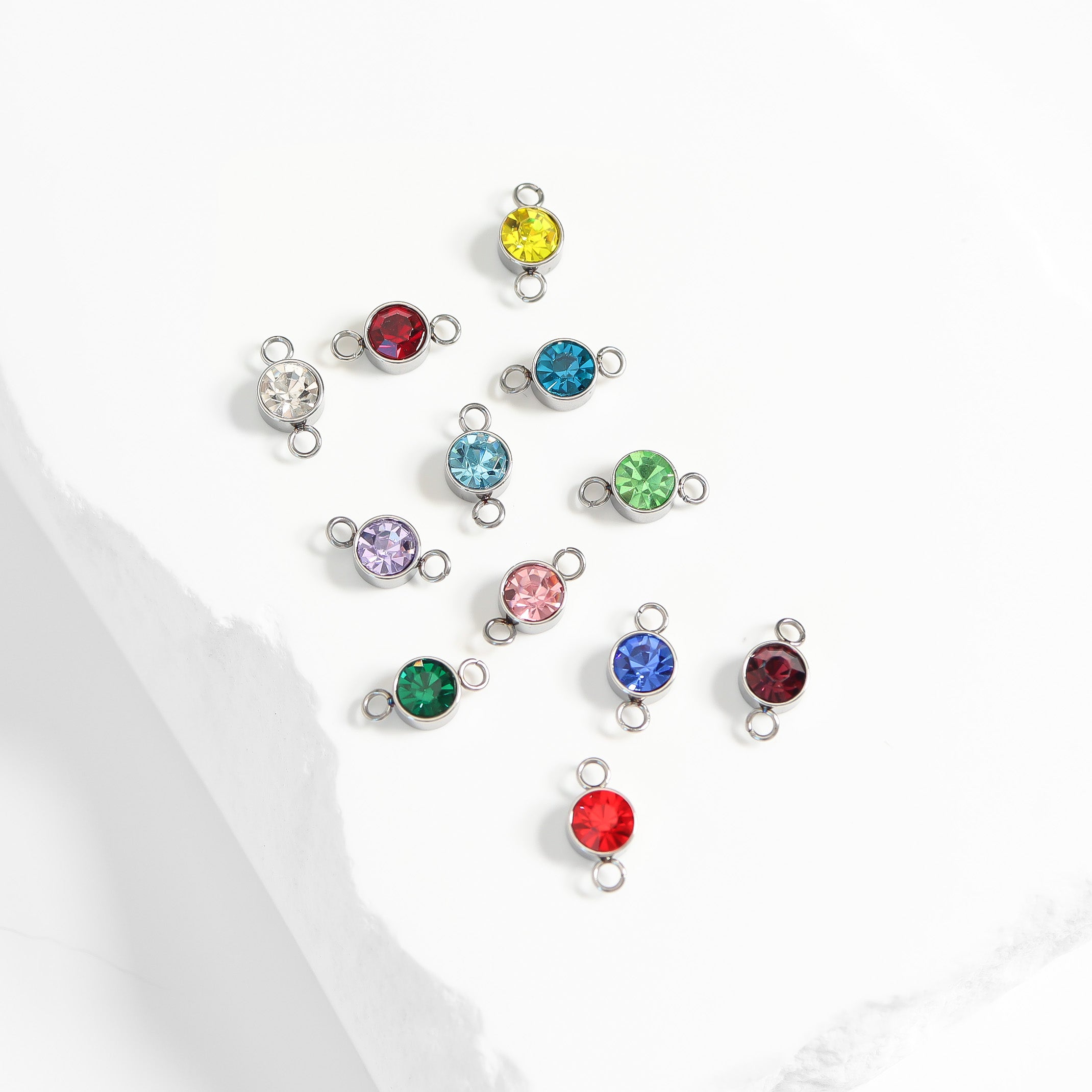 Stainless Steel Round Cubic Zirconia Birthstone Connector Charm / PDL0121
