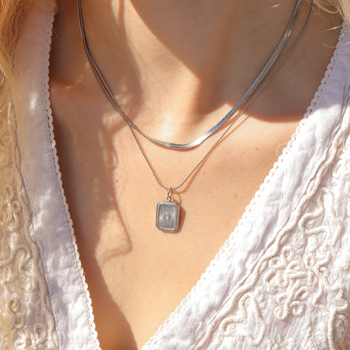 Gold Crystal Charm – Rectangle Sunburst Pendant | 18K Gold Jewelry, PVD Coated