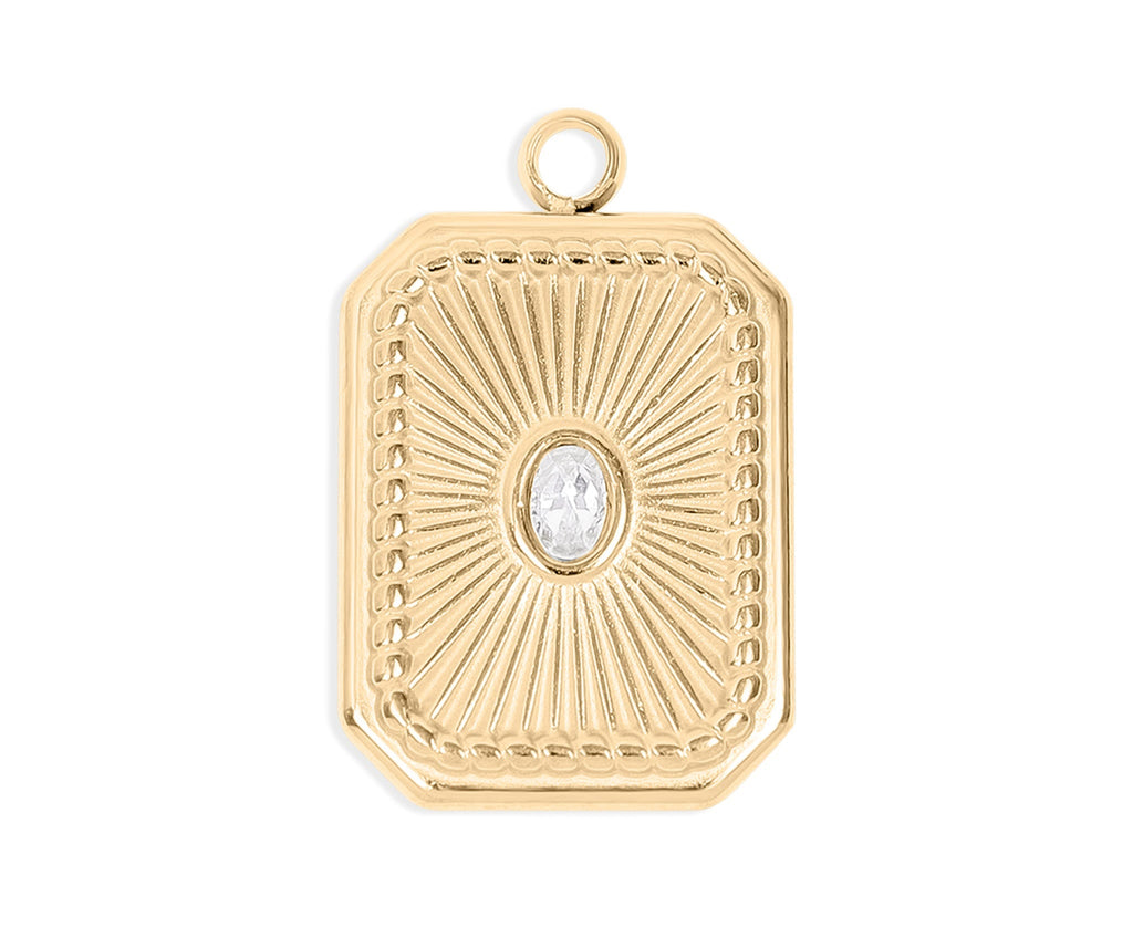 Gold Crystal Charm – Rectangle Sunburst Pendant | 18K Gold Jewelry, PVD Coated