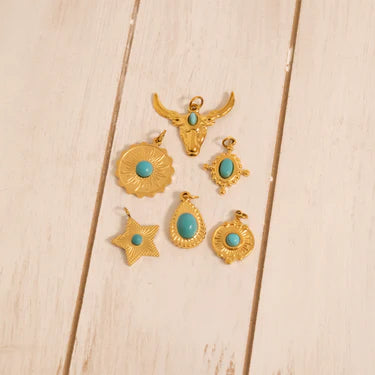 18K Gold PVD Stainless Steel Flower Turquoise Center Pendant