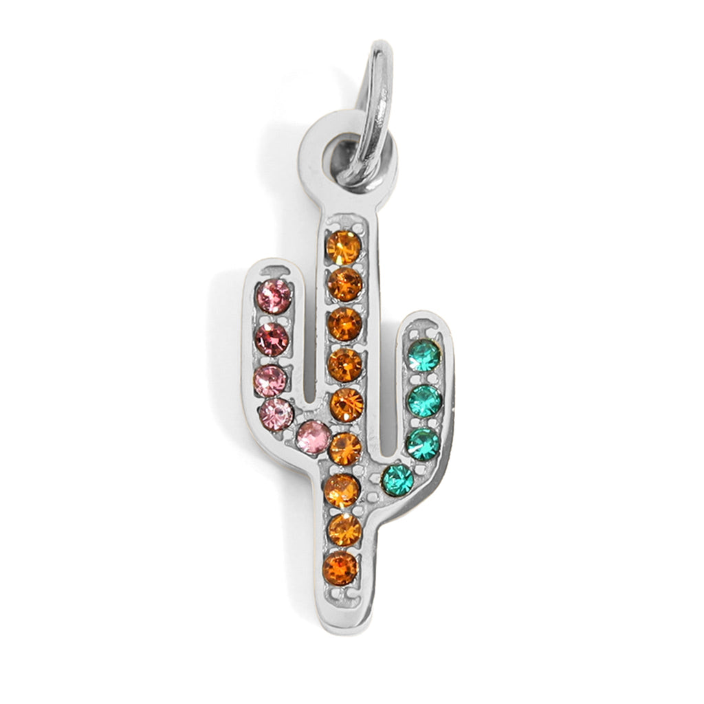Gold Cactus Charm – 18K Gold Pendant With CZ Stone & Stainless Steel Accent