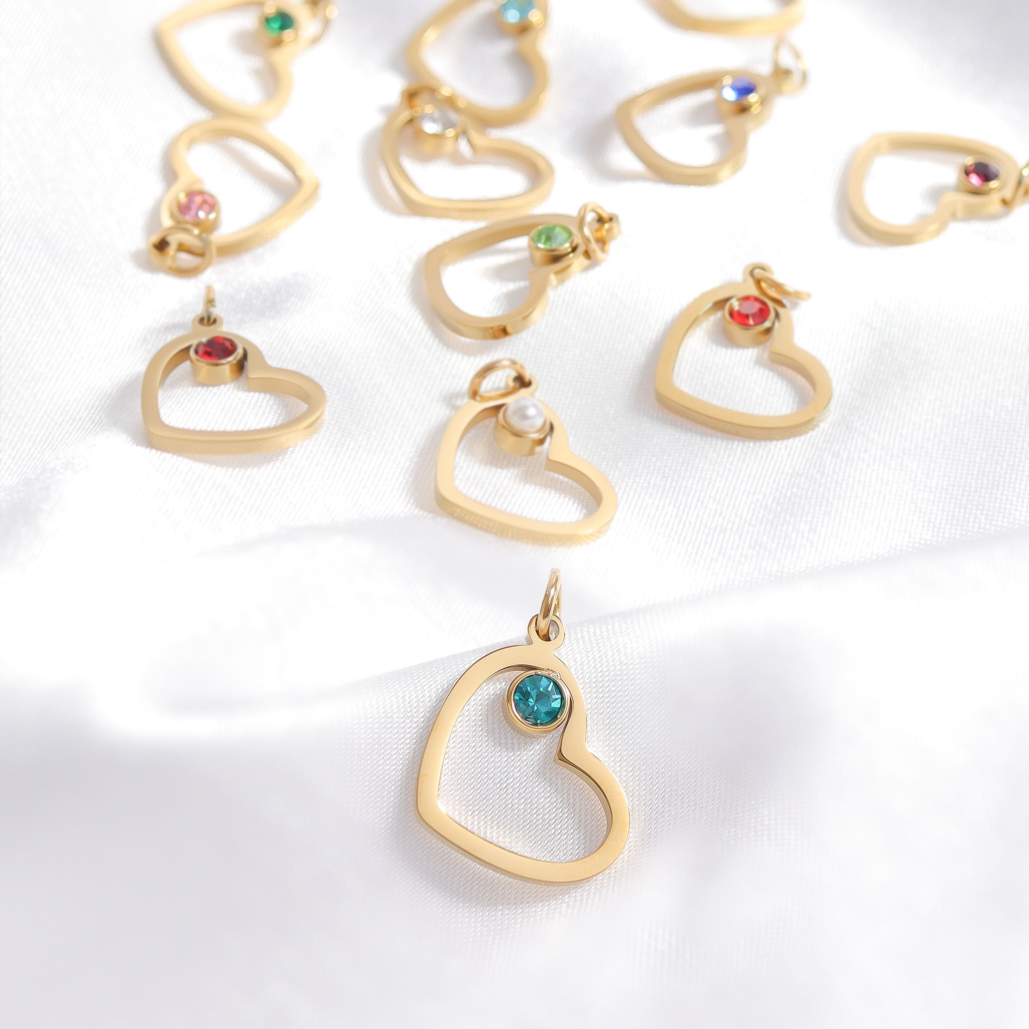 Birthstone Heart Charm – 18K Gold Plated Stainless Steel Cubic Zirconia Accent