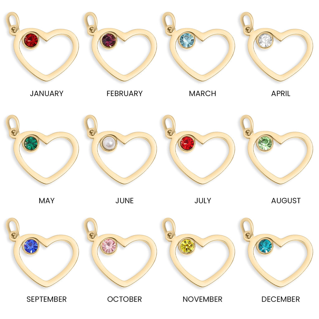 Birthstone Heart Charm – 18K Gold Plated Stainless Steel Cubic Zirconia Accent
