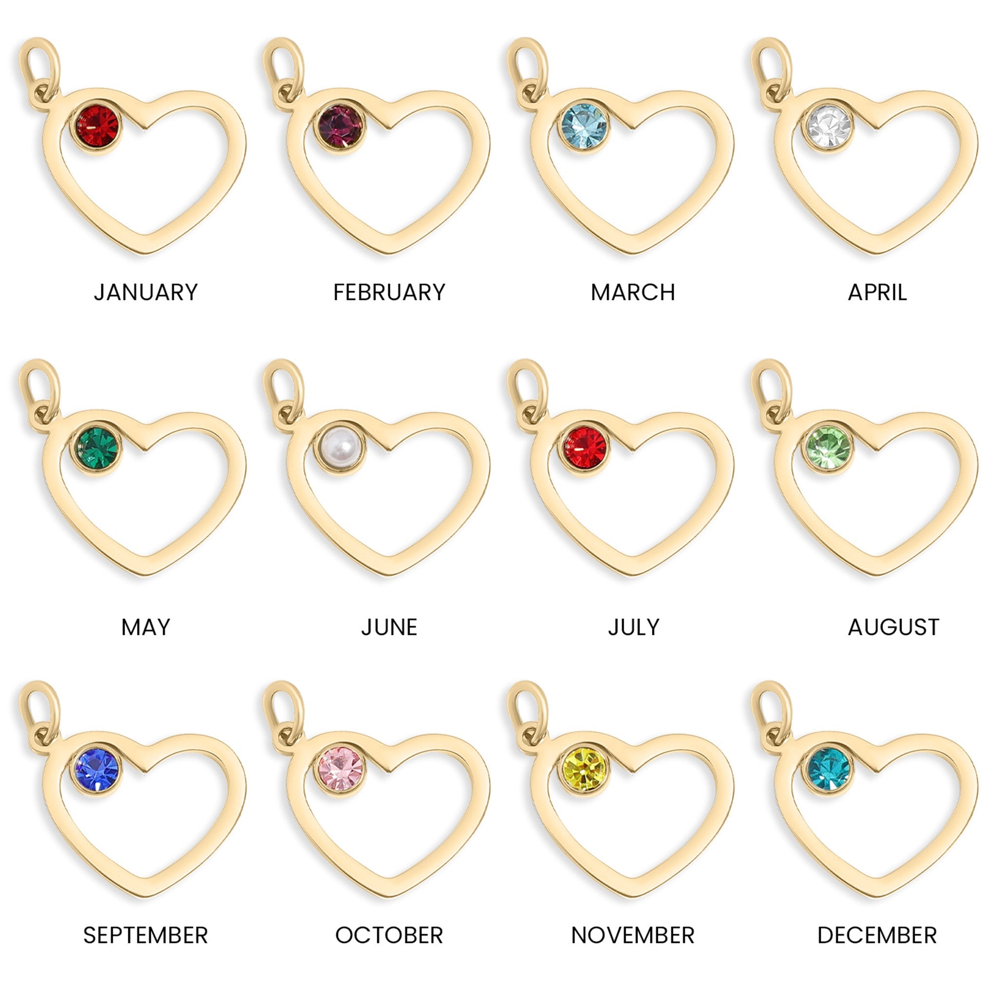 Birthstone Heart Charm – 18K Gold Plated Stainless Steel Cubic Zirconia Accent