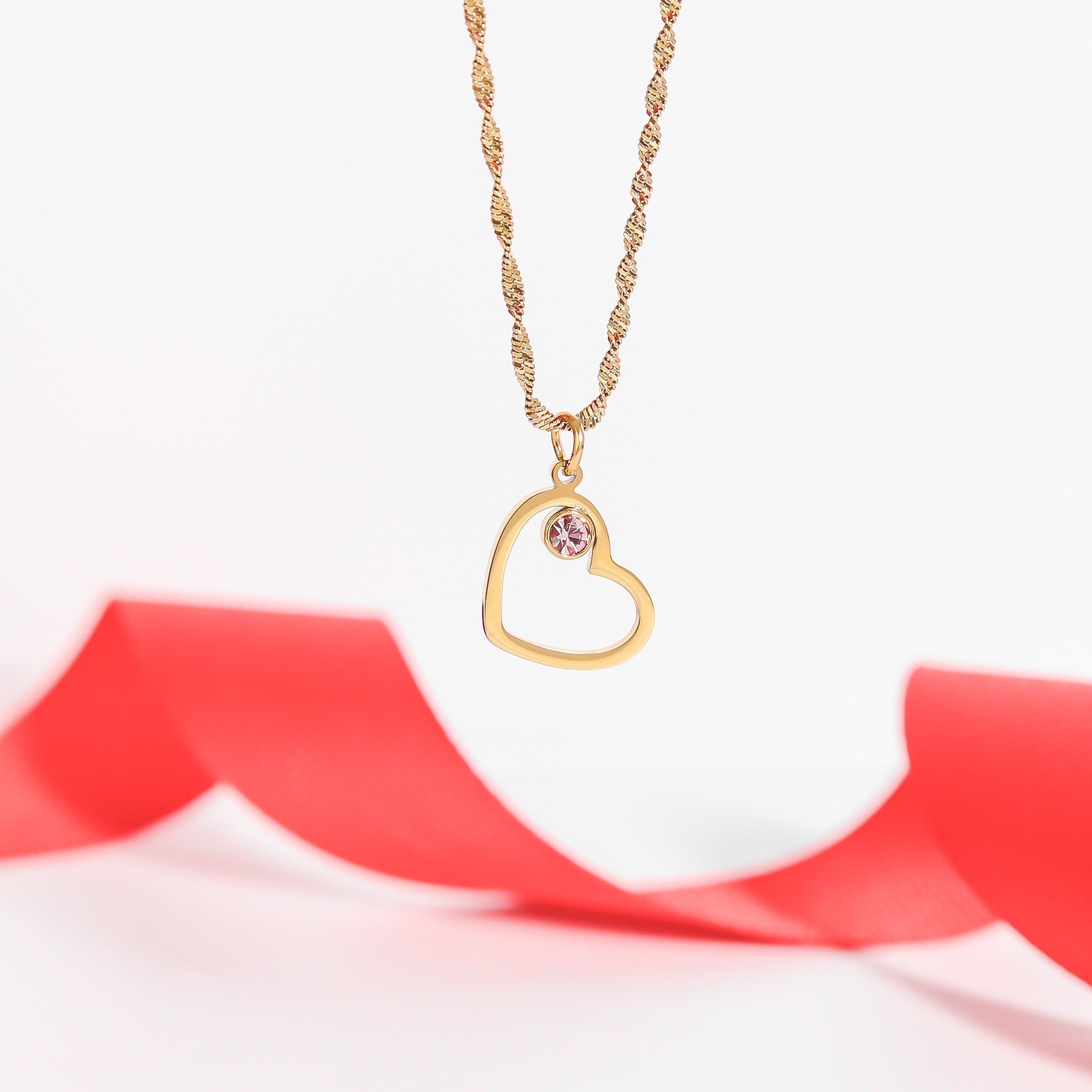 Birthstone Heart Charm – 18K Gold Plated Stainless Steel Cubic Zirconia Accent