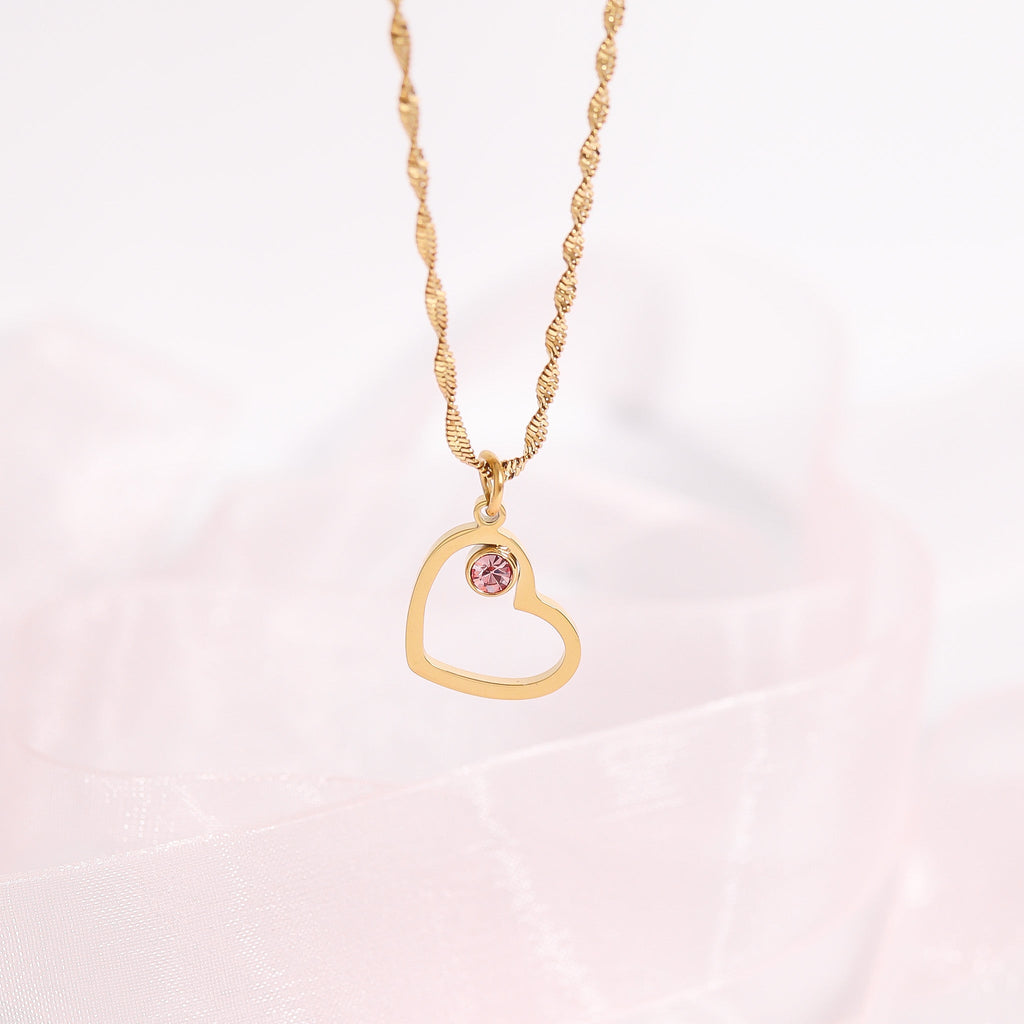 Birthstone Heart Charm – 18K Gold Plated Stainless Steel Cubic Zirconia Accent