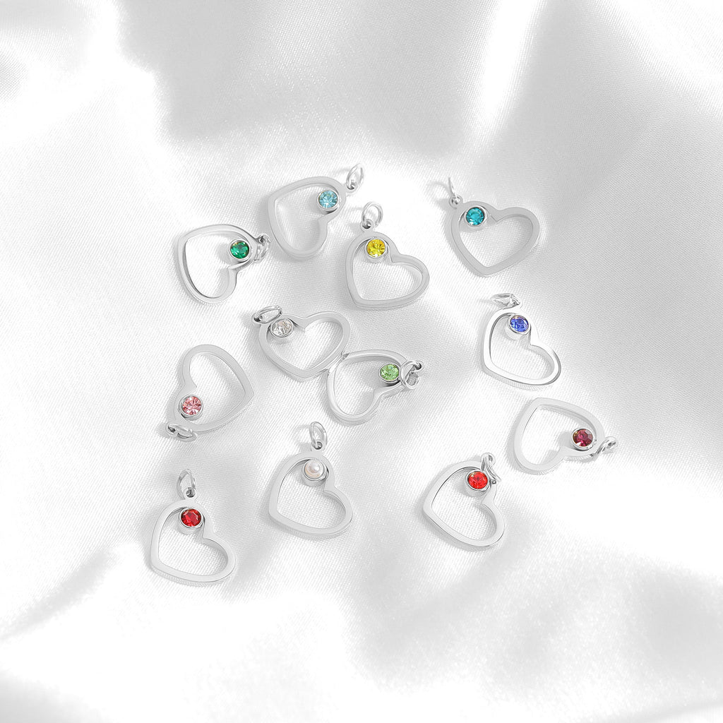 Birthstone Heart Charm – 18K Gold Plated Stainless Steel Cubic Zirconia Accent