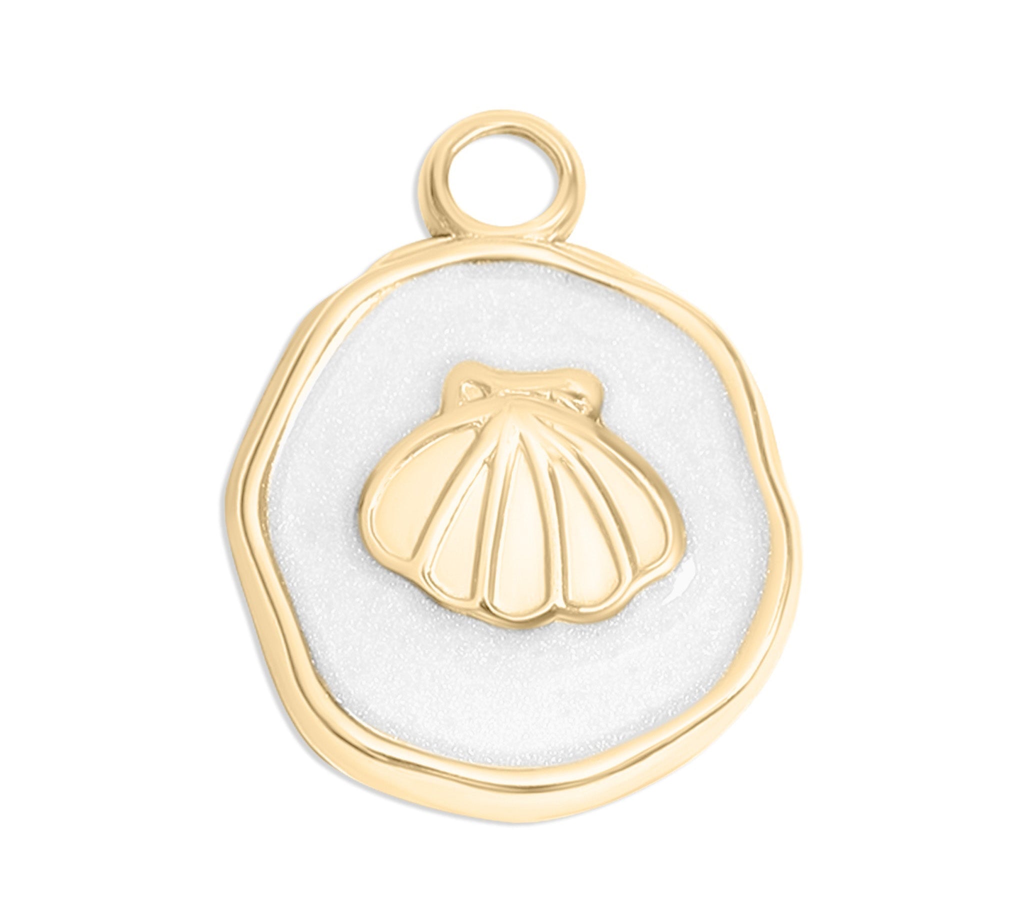 18K Gold Sea Shell Charm – White Epoxy Coastal Pendant | Hypoallergenic Accessory