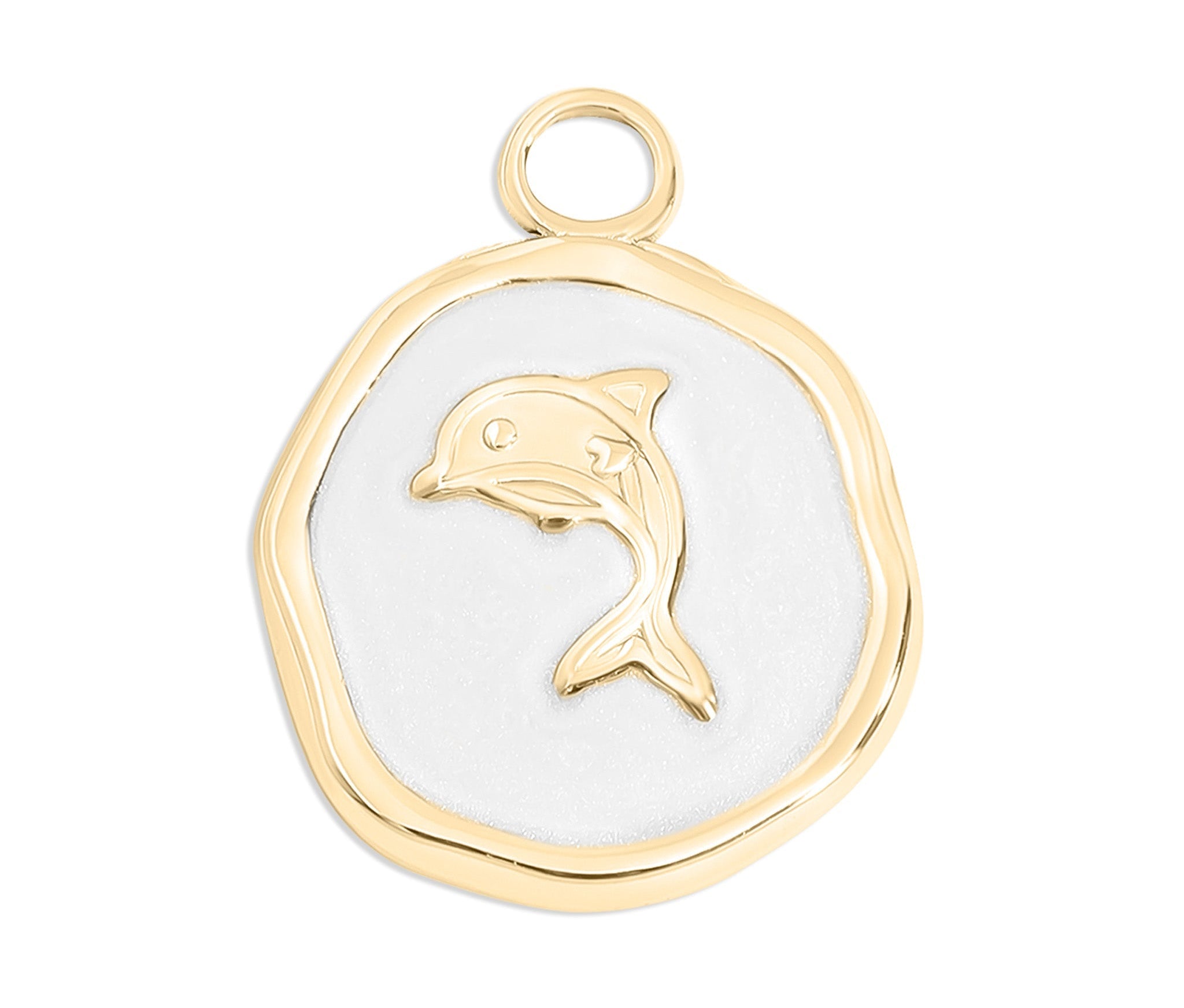 18K Gold Dolphin Charm – Waterproof White Epoxy Nautical Jewelry Pendant