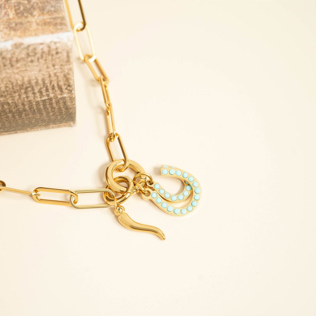 Horseshoe Charm – 18K Gold Stainless Steel Pendant With Turquoise Stone Accent