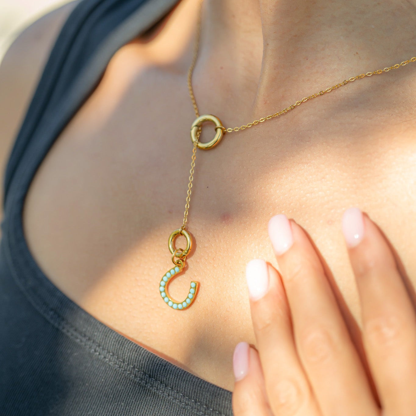 Horseshoe Charm – 18K Gold Stainless Steel Pendant With Turquoise Stone Accent
