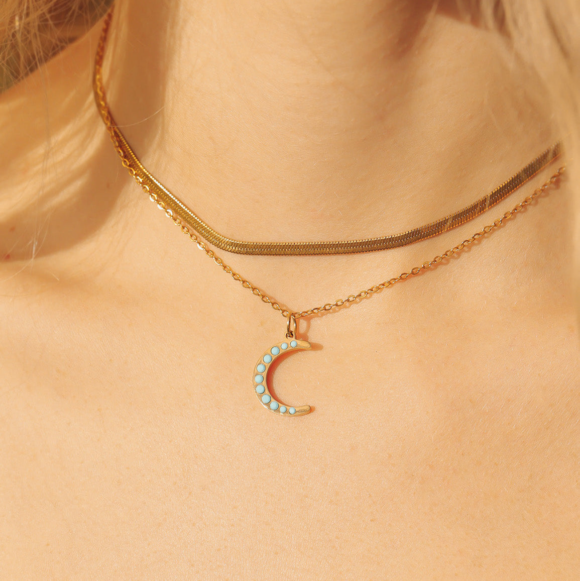 Turquoise Moon Charm – 18K Gold Plated Crescent Pendant | Boho Chic Jewelry Gift