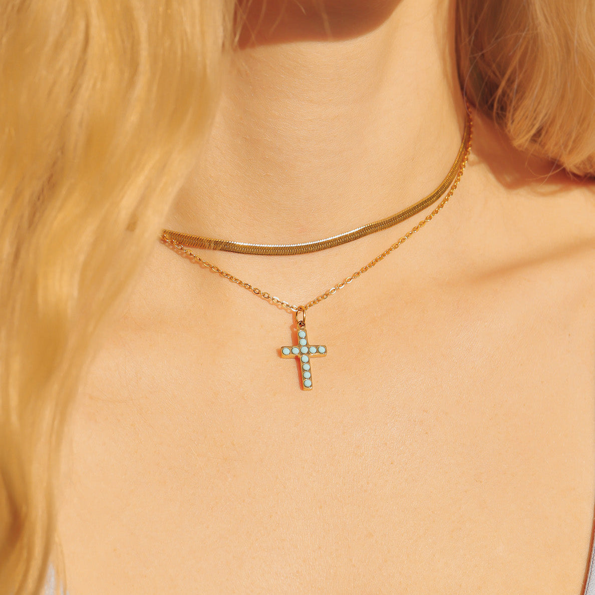 Gold Cross Charm – 18K Gold Pendant with Turquoise Stone | Hypoallergenic Stainless Steel