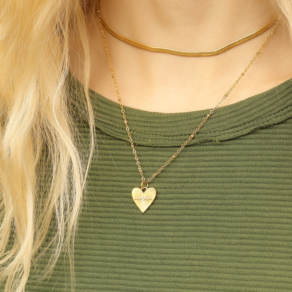 Heart Charm 18K Gold Sunburst Pendant – Love Engraved Stainless Steel Jewelry