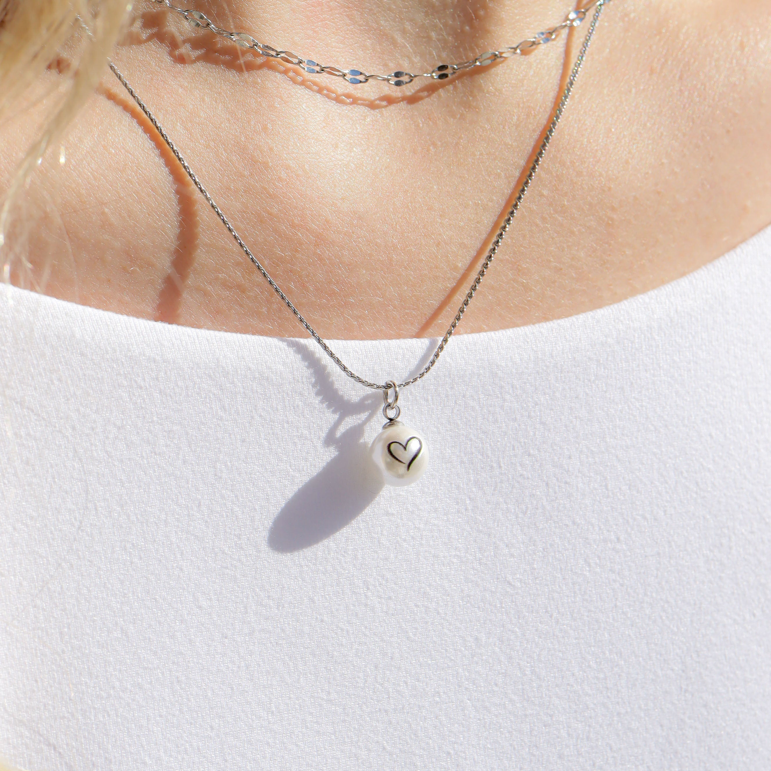 18K Gold Pearl Charm – Stainless Steel Heart Pendant With Engraved Design