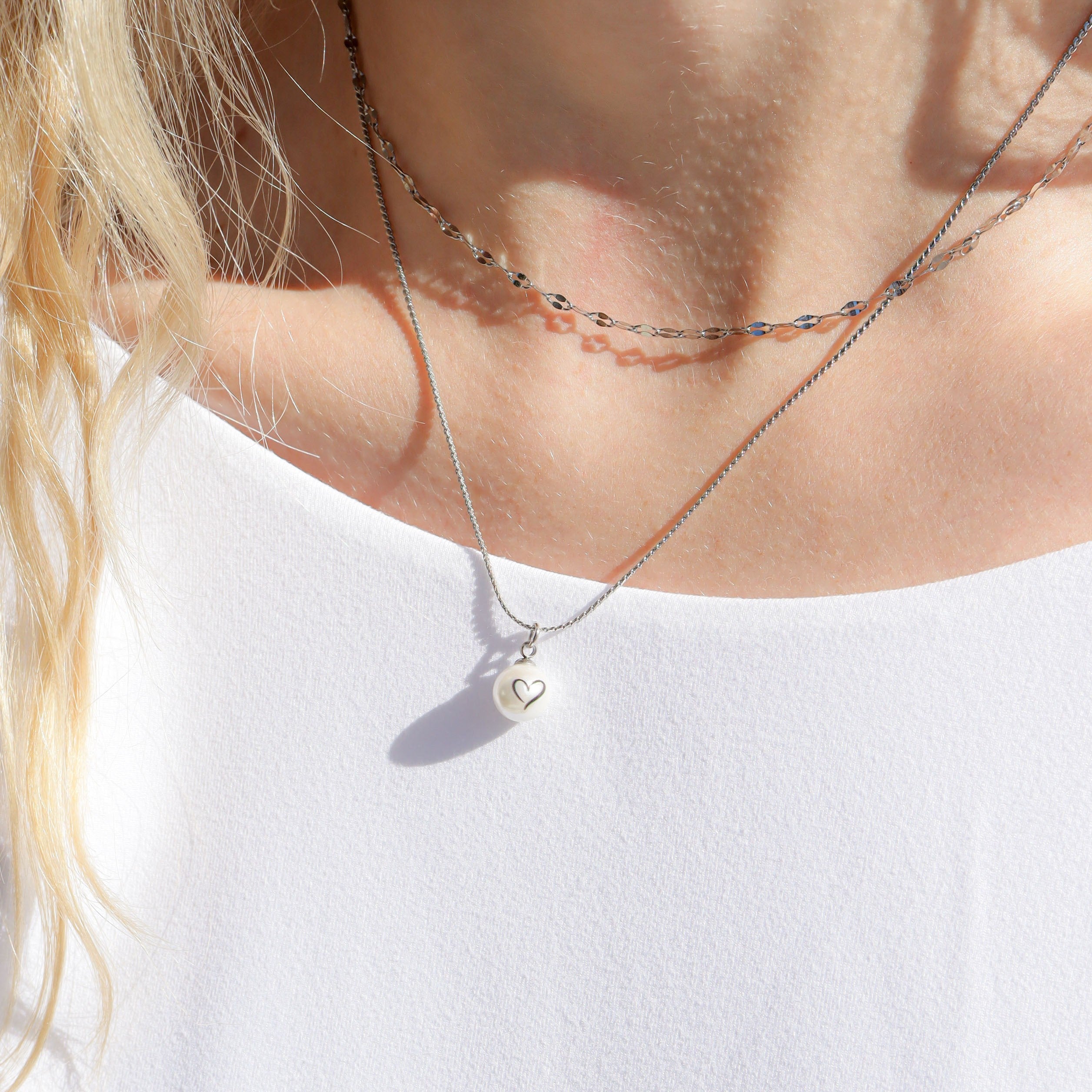 18K Gold Pearl Charm – Stainless Steel Heart Pendant With Engraved Design