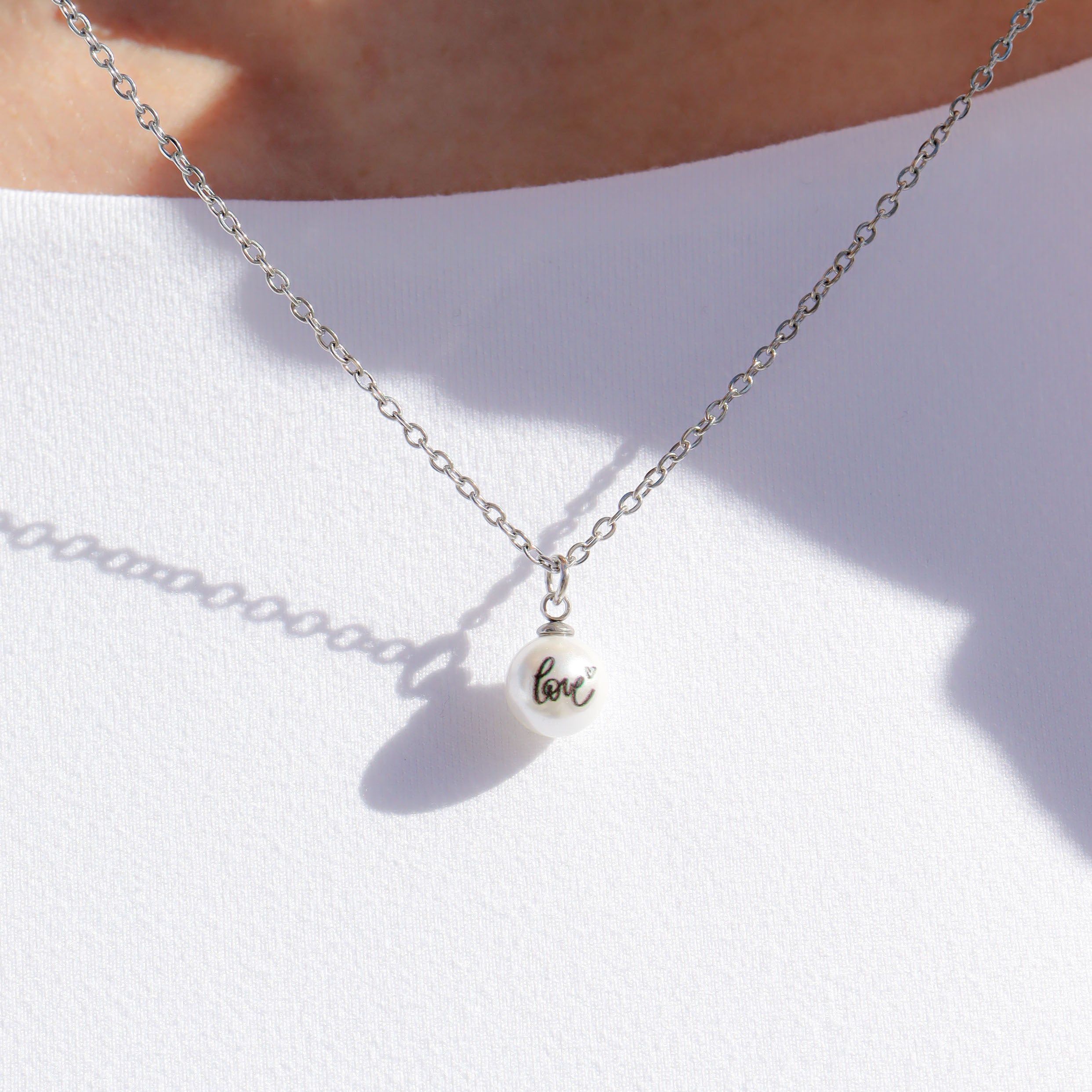 18K Gold Pearl Charm – Engraved Love Pendant Stainless Steel 8mm Accessory