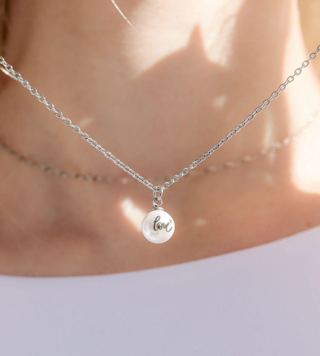 18K Gold Pearl Charm – Engraved Love Pendant Stainless Steel 8mm Accessory