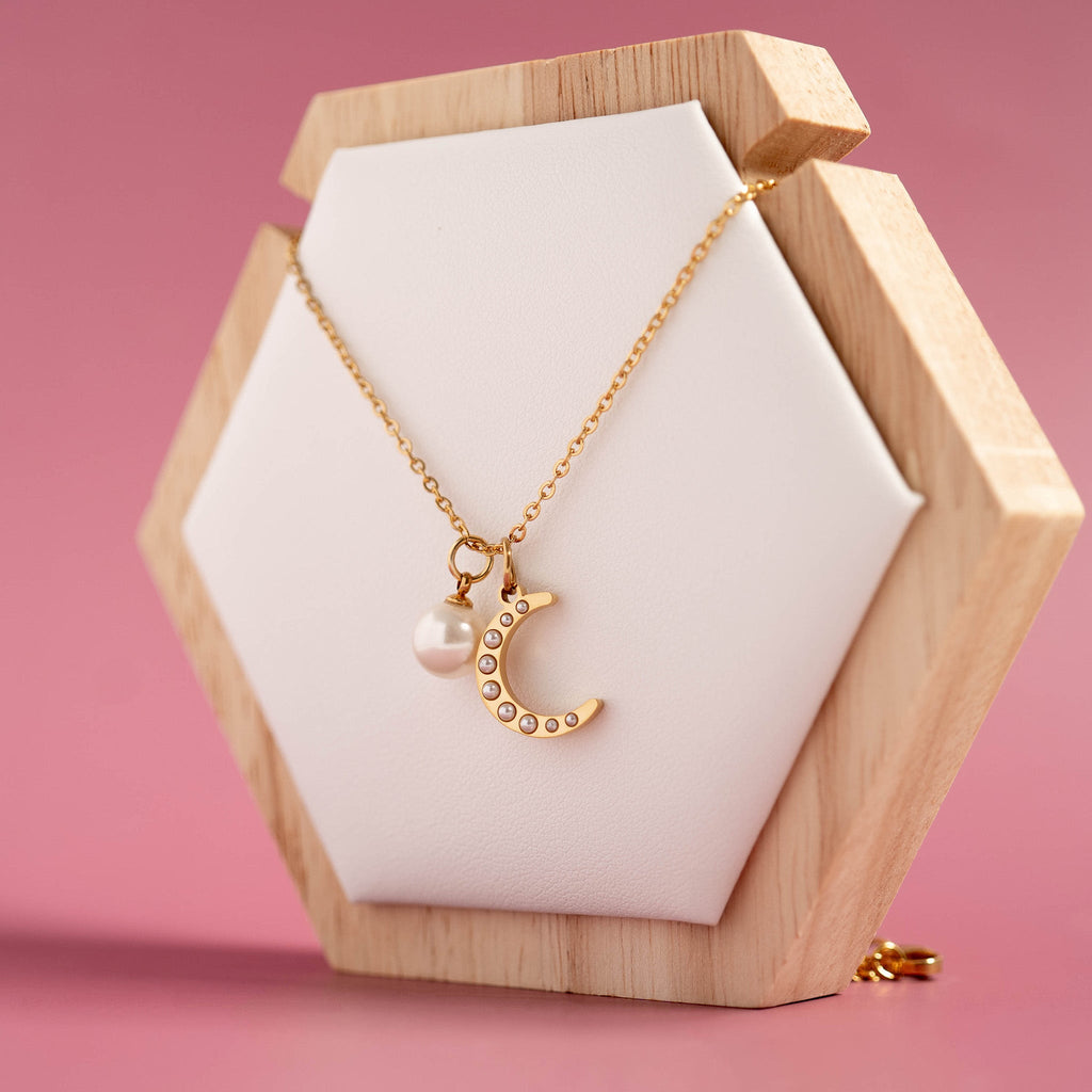 Gold Pearl Moon Charm – 18K Gold Pendant | Stainless Steel Crescent Jewelry