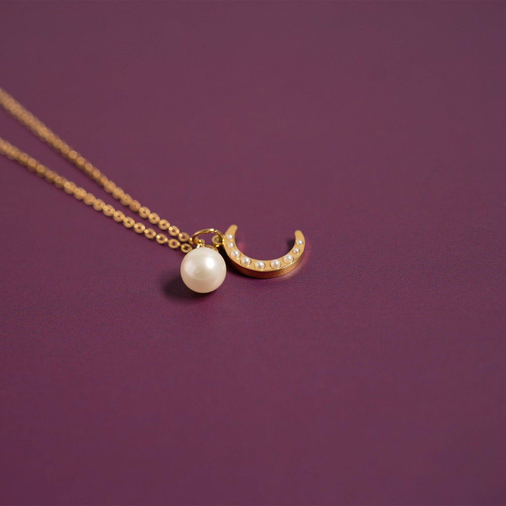 Gold Pearl Moon Charm – 18K Gold Pendant | Stainless Steel Crescent Jewelry