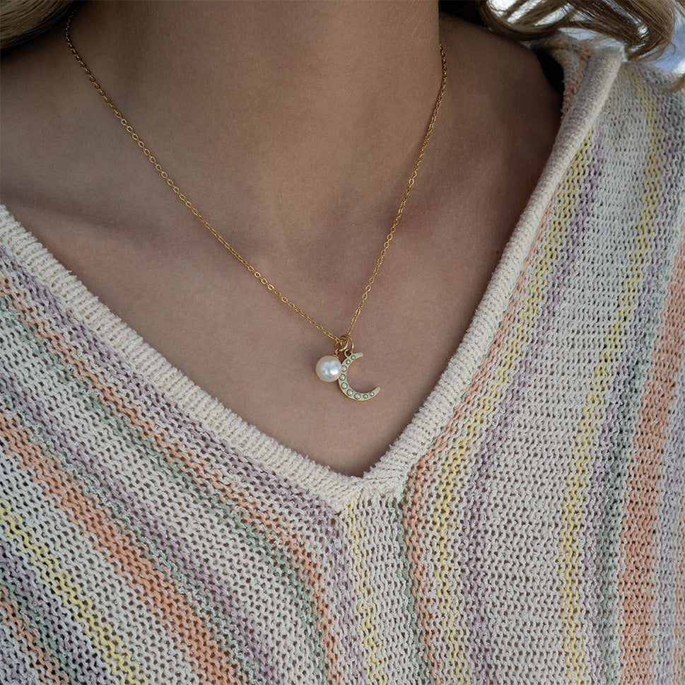 Gold Pearl Moon Charm – 18K Gold Pendant | Stainless Steel Crescent Jewelry