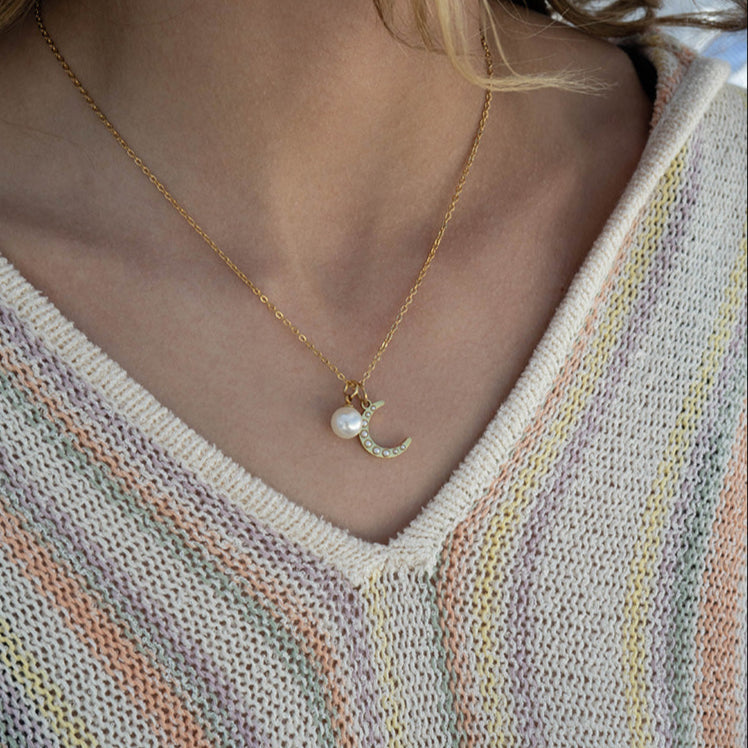 Gold Pearl Moon Charm – 18K Gold Pendant | Stainless Steel Crescent Jewelry
