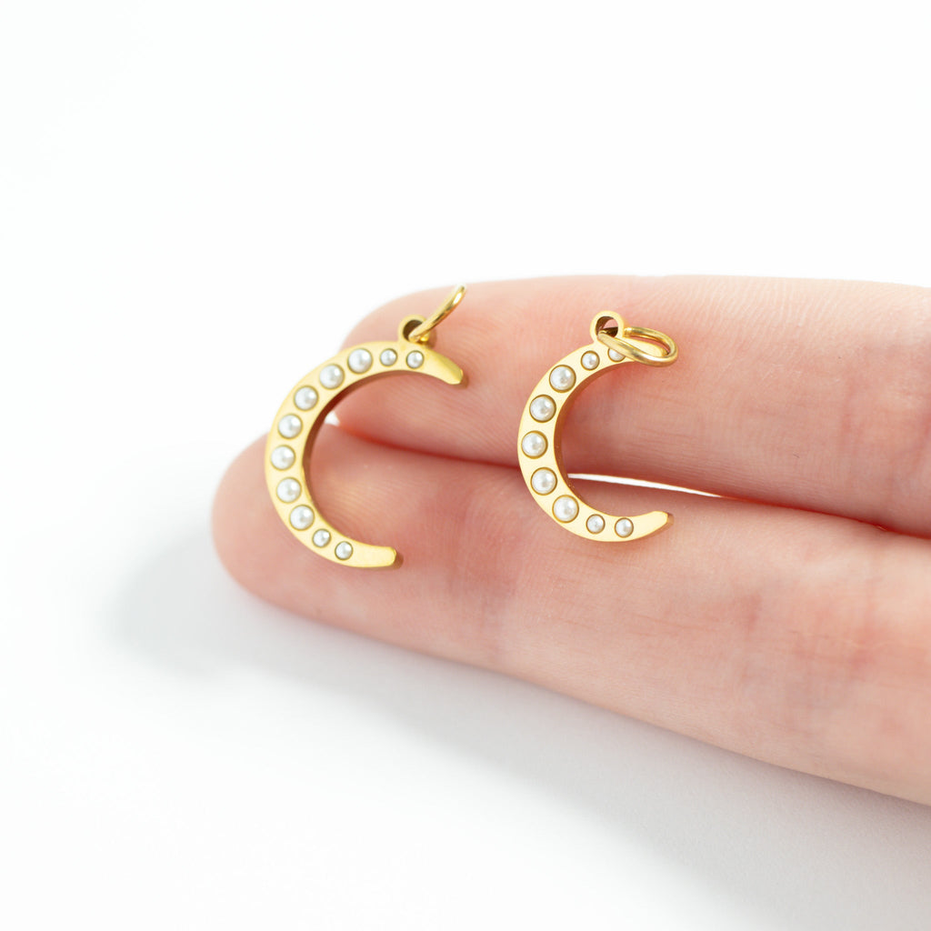 Gold Pearl Moon Charm – 18K Gold Pendant | Stainless Steel Crescent Jewelry