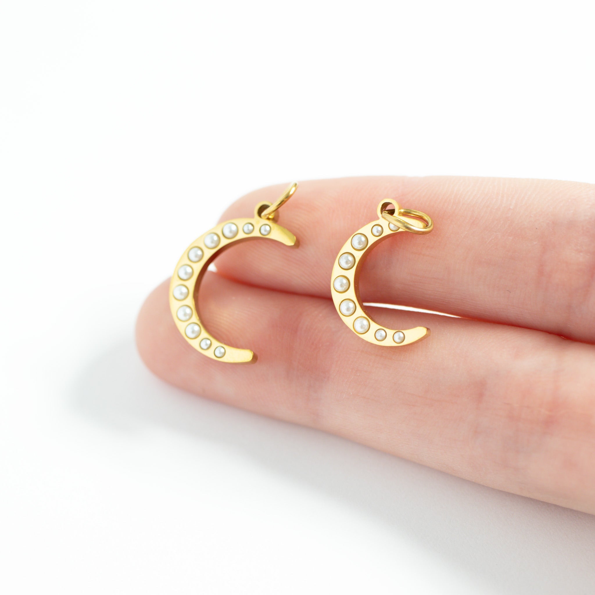 Gold Pearl Moon Charm – 18K Gold Pendant | Stainless Steel Crescent Jewelry