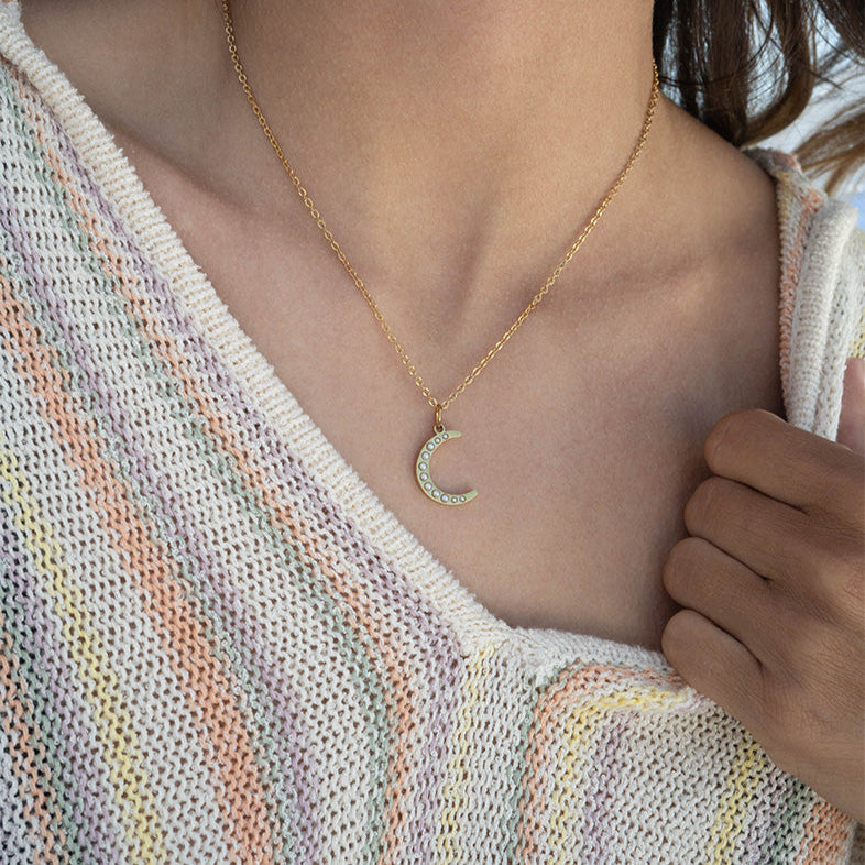 Gold Pearl Moon Charm – 18K Gold Pendant | Stainless Steel Crescent Jewelry